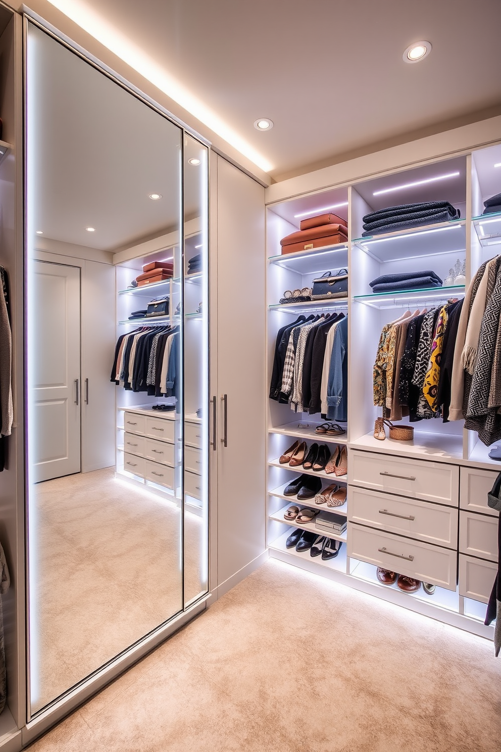 A luxurious walk-in closet featuring a full-length mirror on one wall, surrounded by elegant lighting that enhances the space. The closet is organized with custom shelving, drawers, and hanging space for clothing, shoes, and accessories, creating a stylish and functional storage solution.