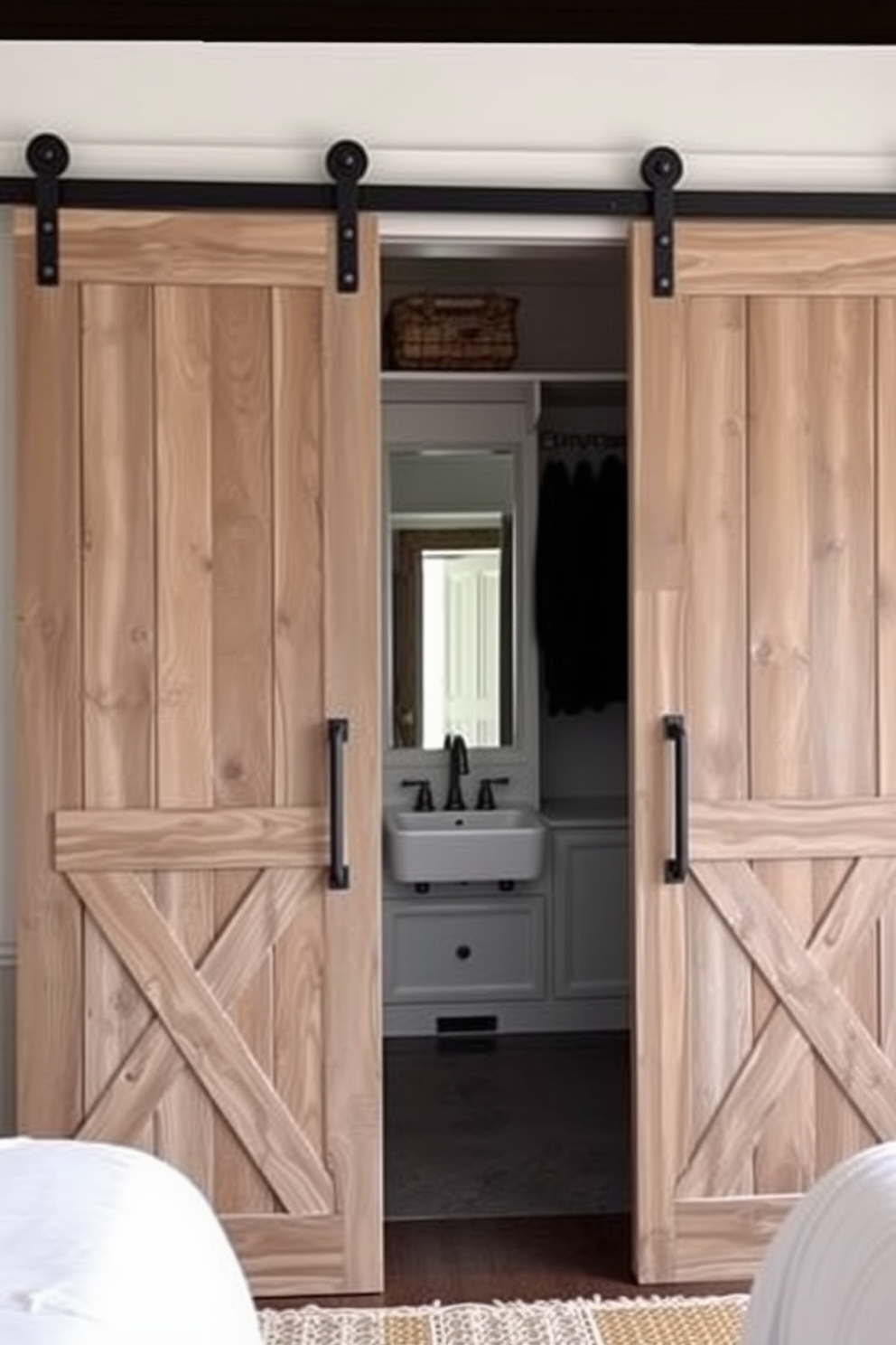 Chic barn doors for rustic charm. The doors are made of reclaimed wood with a weathered finish, featuring black metal hardware that adds an industrial touch. The walk-in closet is spacious, with custom shelving and hanging space designed for easy organization. Adjacent to the closet, the bathroom features a freestanding soaking tub and a double vanity with elegant fixtures.