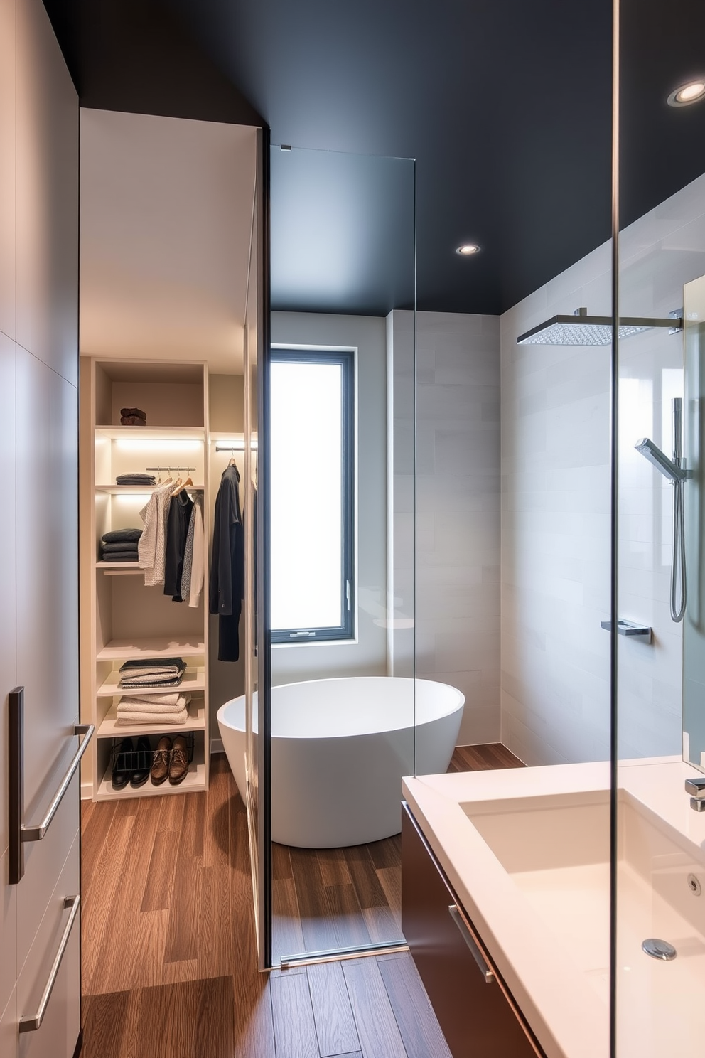 A sleek walk-in closet features a glass partition that seamlessly separates the space from the adjacent bathroom. The closet is organized with custom shelving and hanging space, illuminated by soft LED lighting. The bathroom showcases a contemporary design with elegant fixtures and finishes. A freestanding soaking tub sits beneath a large window, while a spacious shower area boasts a rain showerhead and minimalist tile work.