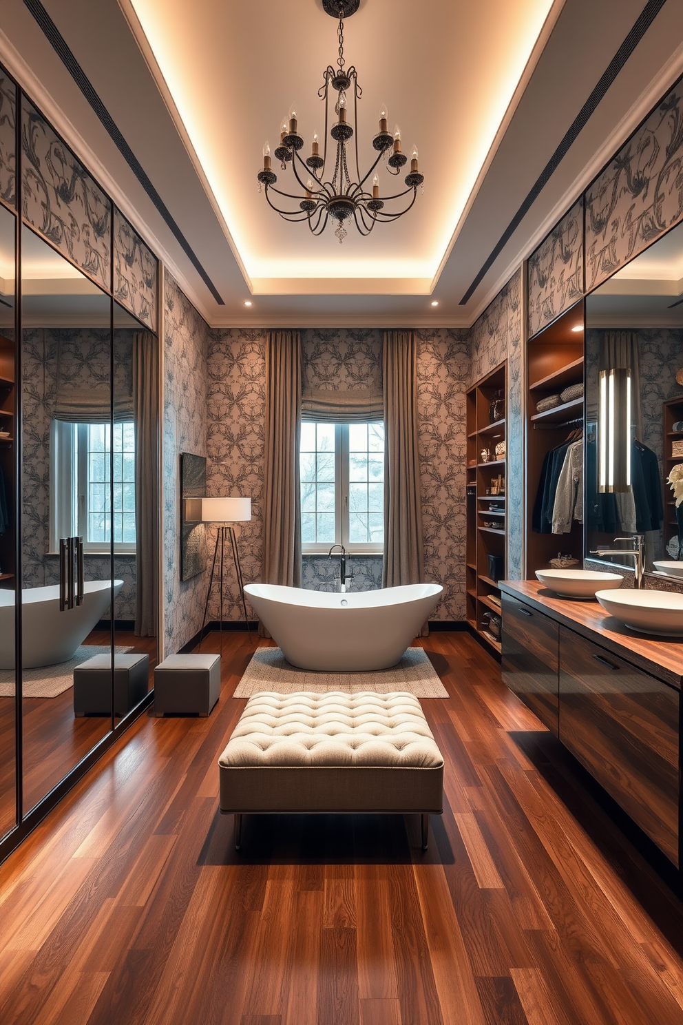 A luxurious dressing area featuring full-length mirrors that reflect the soft ambient lighting. The walls are adorned with elegant wallpaper, and a plush ottoman sits in the center, inviting relaxation. An expansive walk-in closet designed with custom shelving and hanging space for clothing. The flooring is a rich hardwood, and a stylish chandelier adds a touch of glamour to the space. A serene bathroom with a freestanding soaking tub positioned under a large window. The vanity is crafted from reclaimed wood, paired with dual vessel sinks and brushed nickel fixtures.