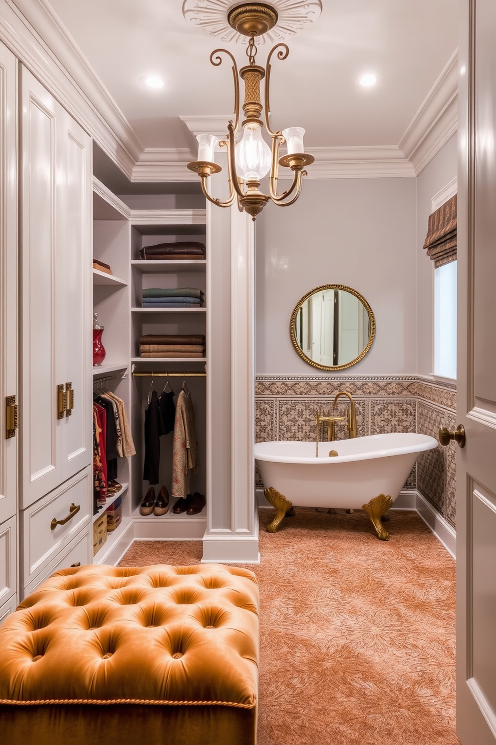 A luxurious walk-in closet featuring vintage-inspired fixtures that add unique appeal. The space is adorned with a plush velvet ottoman and antique brass hardware, creating an elegant atmosphere. Adjacent to the closet, a beautifully designed bathroom showcases a freestanding soaking tub with ornate claw feet. The walls are lined with intricate mosaic tiles, and a vintage chandelier hangs above, enhancing the charm of the space.