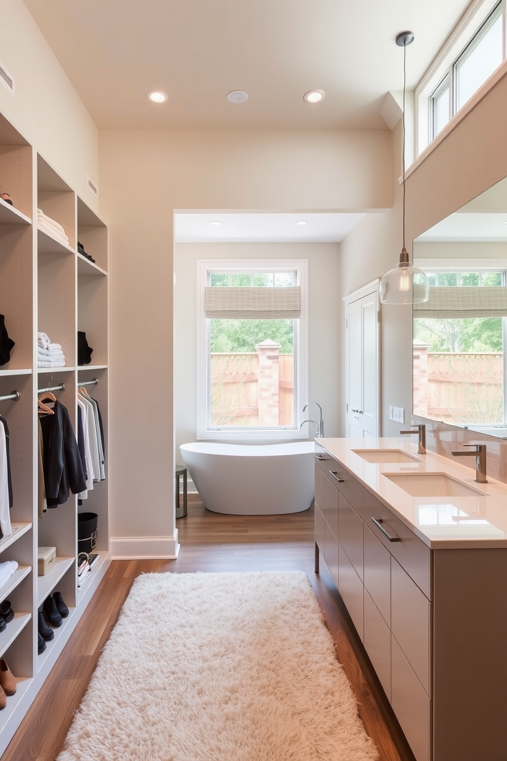 A stylish walk-in closet features open shelving elegantly showcasing fashion items. The walls are painted in a soft cream color, and the floor is adorned with a plush area rug that adds warmth to the space. Adjacent to the closet, a luxurious bathroom includes a freestanding soaking tub positioned under a large window. The vanity features dual sinks with a sleek quartz countertop and modern pendant lighting hanging above.