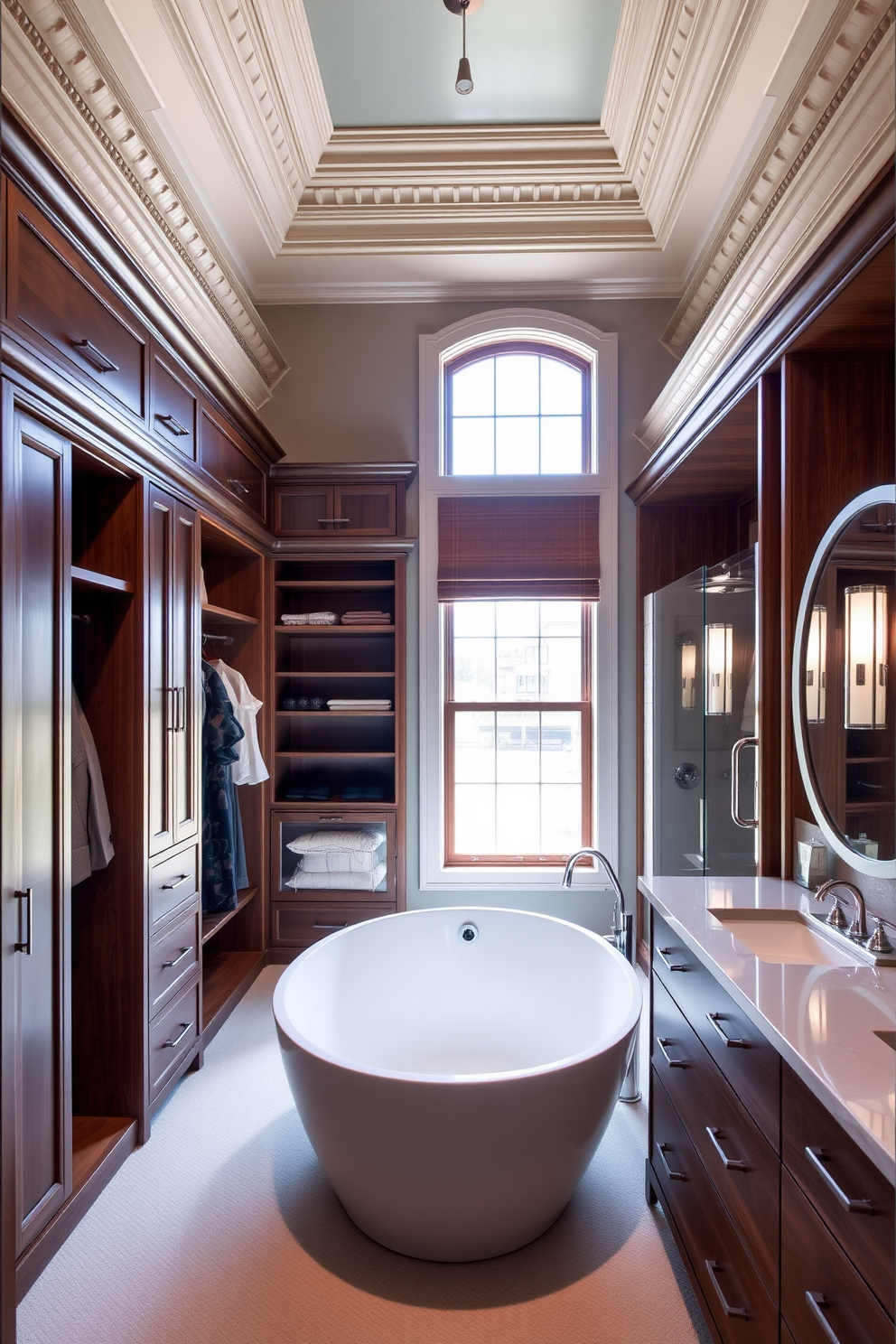 A luxurious walk-in closet featuring elegant crown molding that adds a touch of sophistication to the space. The closet is designed with custom shelving and hanging areas, complemented by soft lighting that highlights the rich wood finishes. Adjacent to the walk-in closet is a beautifully appointed bathroom with a freestanding soaking tub situated beneath a large window. The bathroom showcases a double vanity with stylish fixtures and a spacious shower area enclosed in glass, creating a seamless flow between the two spaces.