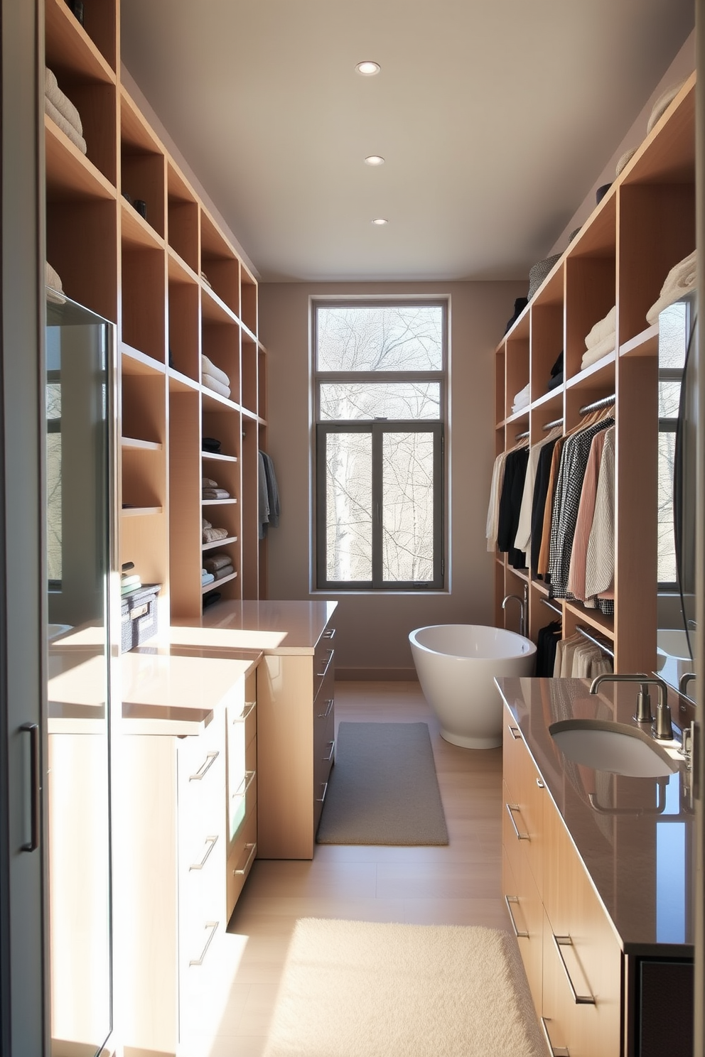 A spacious walk-in closet seamlessly connects to both the bathroom and bedroom, featuring custom shelving and hanging space. Natural light floods the area through a frosted glass window, creating an inviting atmosphere. The closet includes a central island with drawers for accessories and a full-length mirror on one side. Adjacent to the closet, the bathroom showcases a luxurious soaking tub and a modern double vanity with elegant fixtures.