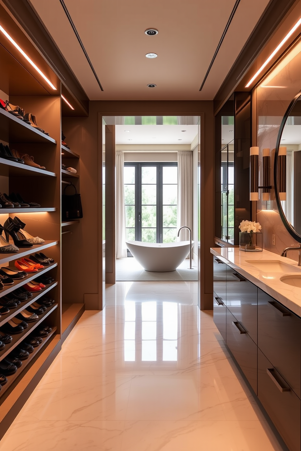 A luxurious walk-through closet connects seamlessly to an elegant bathroom. The closet features custom shelving and hanging space, adorned with soft lighting to highlight the designer shoes and accessories. The bathroom showcases a spacious layout with a freestanding soaking tub positioned under a large window. Elegant marble tiles line the floor and walls, creating a cohesive and sophisticated atmosphere.