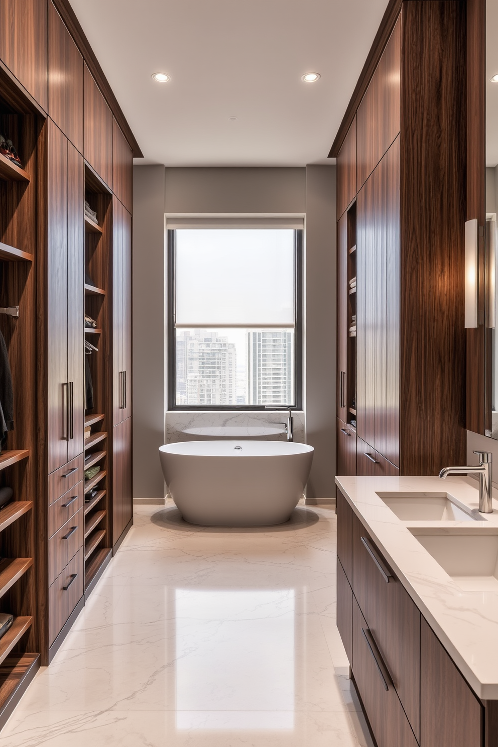 A luxurious walk-in closet featuring his and hers sections for personalized space. The closet is adorned with custom cabinetry in a rich walnut finish, with ample shelving and hanging space for clothing and accessories. Adjacent to the closet, a stylish bathroom area showcases a freestanding soaking tub under a large window. Elegant marble tiles line the floor and walls, complemented by a double vanity with a sleek quartz countertop and modern fixtures.