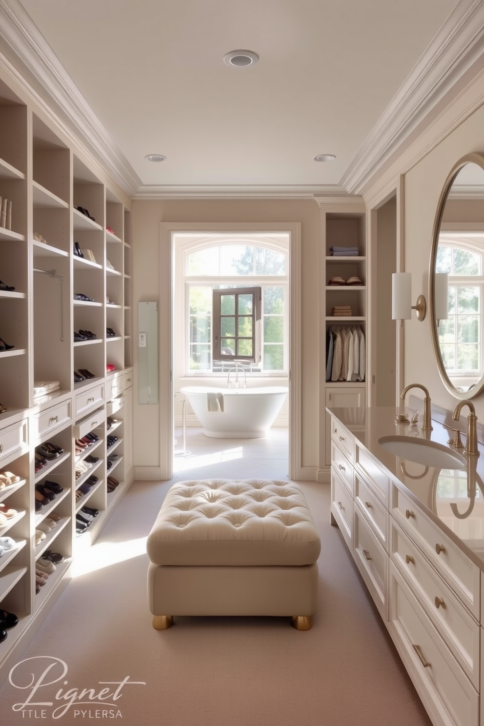 A serene walk-in closet features soft neutral tones that create a calming atmosphere. The space includes custom shelving for shoes and accessories, with a plush ottoman in the center for comfort. Adjacent to the closet, the bathroom showcases a freestanding tub surrounded by natural light. Elegant fixtures and a large vanity with dual sinks enhance the luxurious feel of the space.