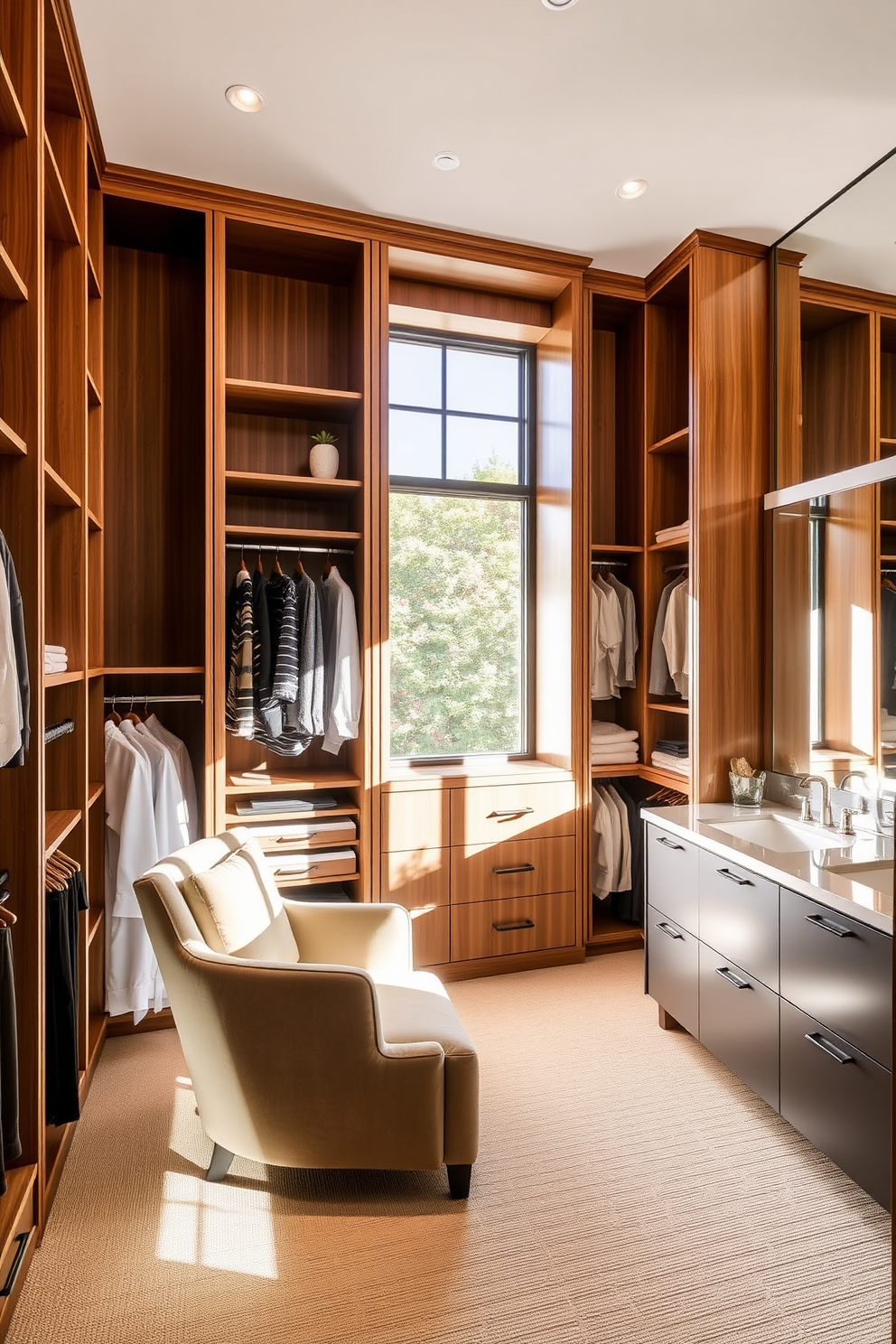 A spacious walk-in closet bathed in natural light from a large window. The walls are lined with custom-built wooden shelving and hanging rods, creating an organized and stylish space. In one corner, a cozy seating area with a plush armchair complements the elegant design. The adjoining bathroom features a sleek vanity with dual sinks and a large mirror, enhancing the overall luxury of the suite.