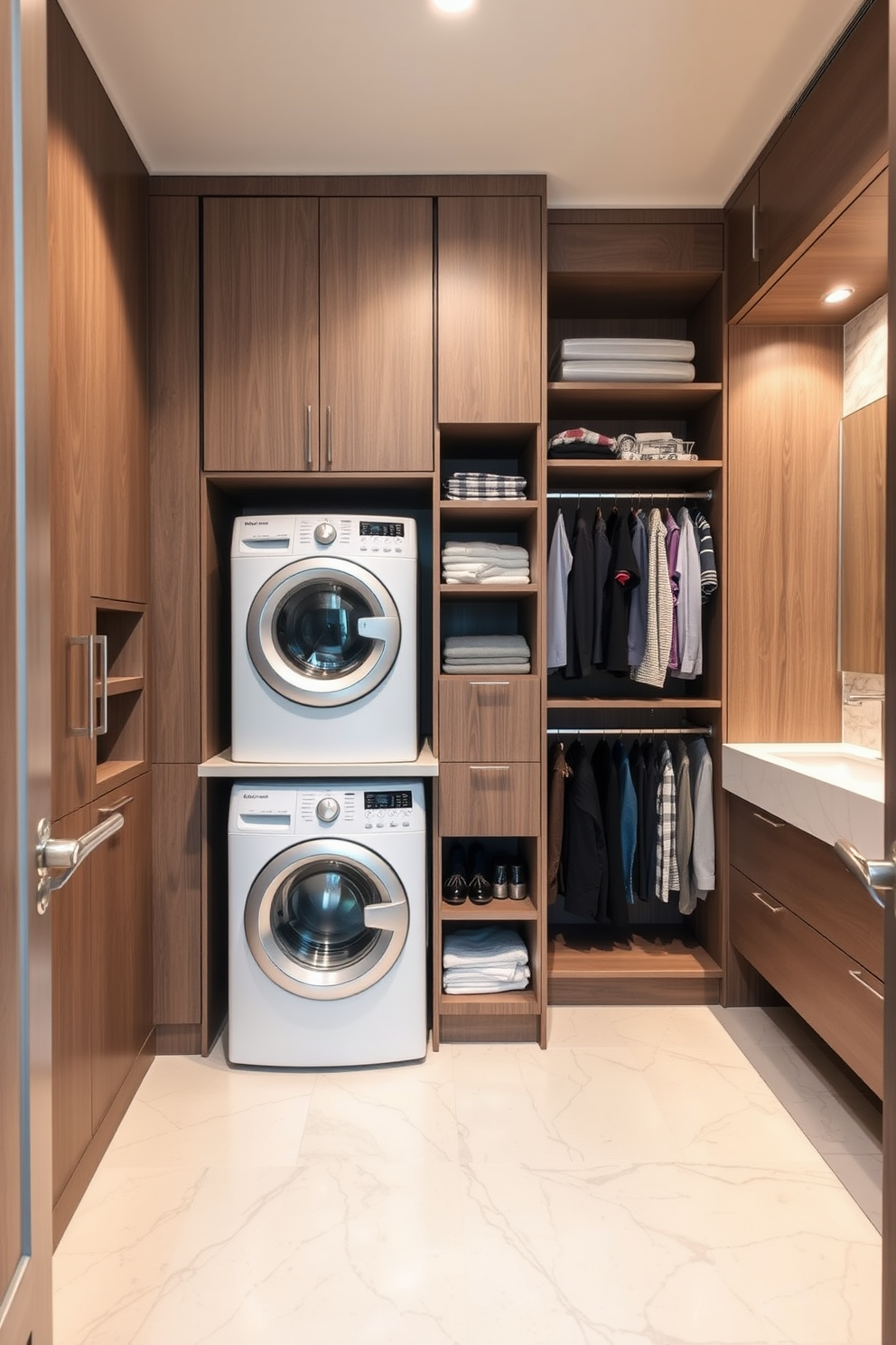 A functional laundry area within a closet space features built-in cabinetry with ample storage for cleaning supplies and laundry essentials. A stacked washer and dryer are seamlessly integrated into the design, while a countertop provides space for folding clothes. The walk-in closet is designed with custom shelving and hanging areas to maximize organization and accessibility. Adjacent to the closet, the bathroom area includes a sleek vanity with modern fixtures and a spacious shower with elegant tile work.