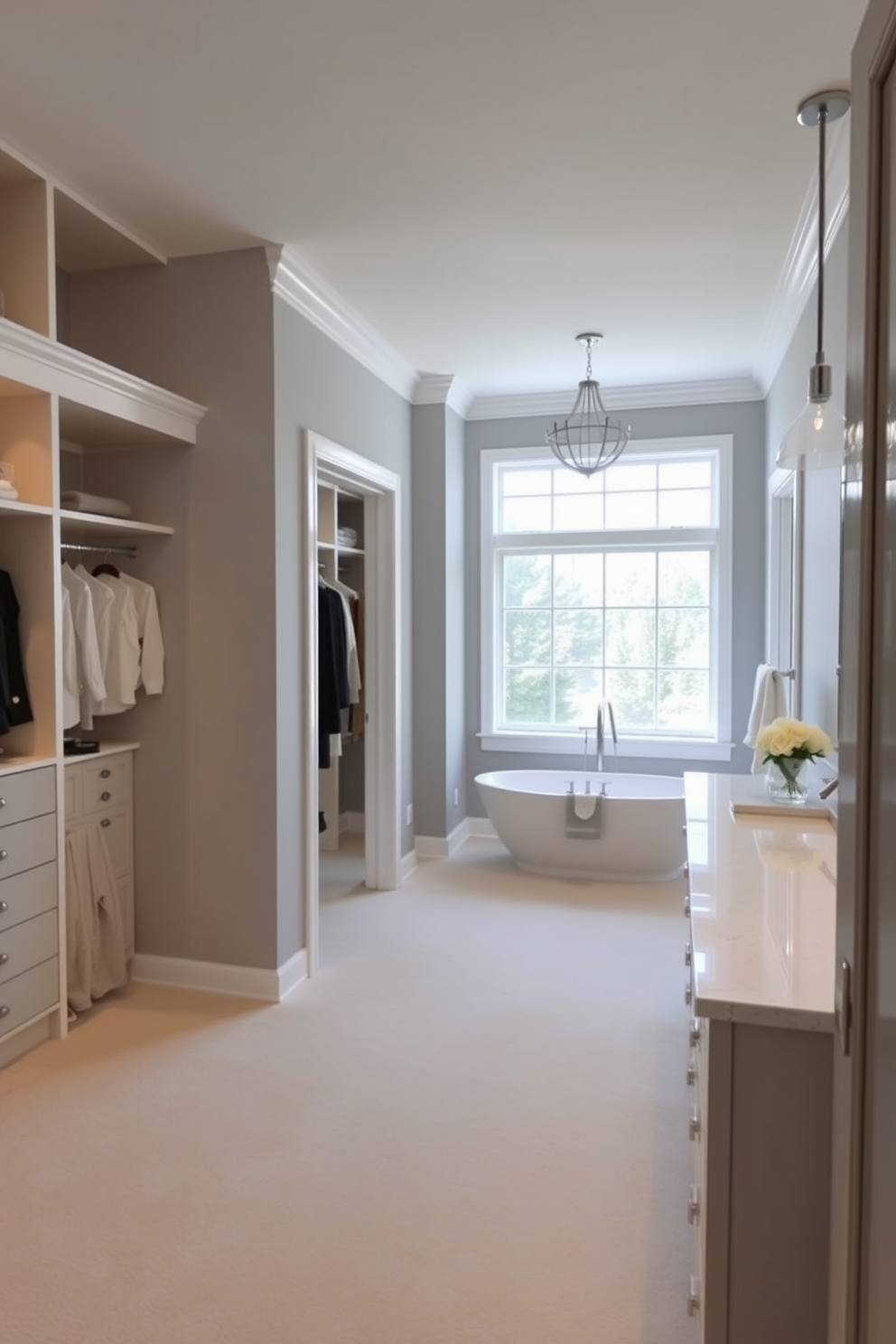 A serene spa-like bathroom adjoins a spacious walk-in closet. The bathroom features a freestanding soaking tub positioned under a large window, with soft natural light flooding the space. The walls are painted in a calming light gray, complemented by elegant white cabinetry. A large double vanity with a quartz countertop provides ample space, and stylish pendant lights hang above for a warm glow. The walk-in closet is designed with custom shelving and soft lighting, creating an organized and inviting atmosphere. Plush carpeting adds a touch of luxury, while a full-length mirror enhances the sense of space.