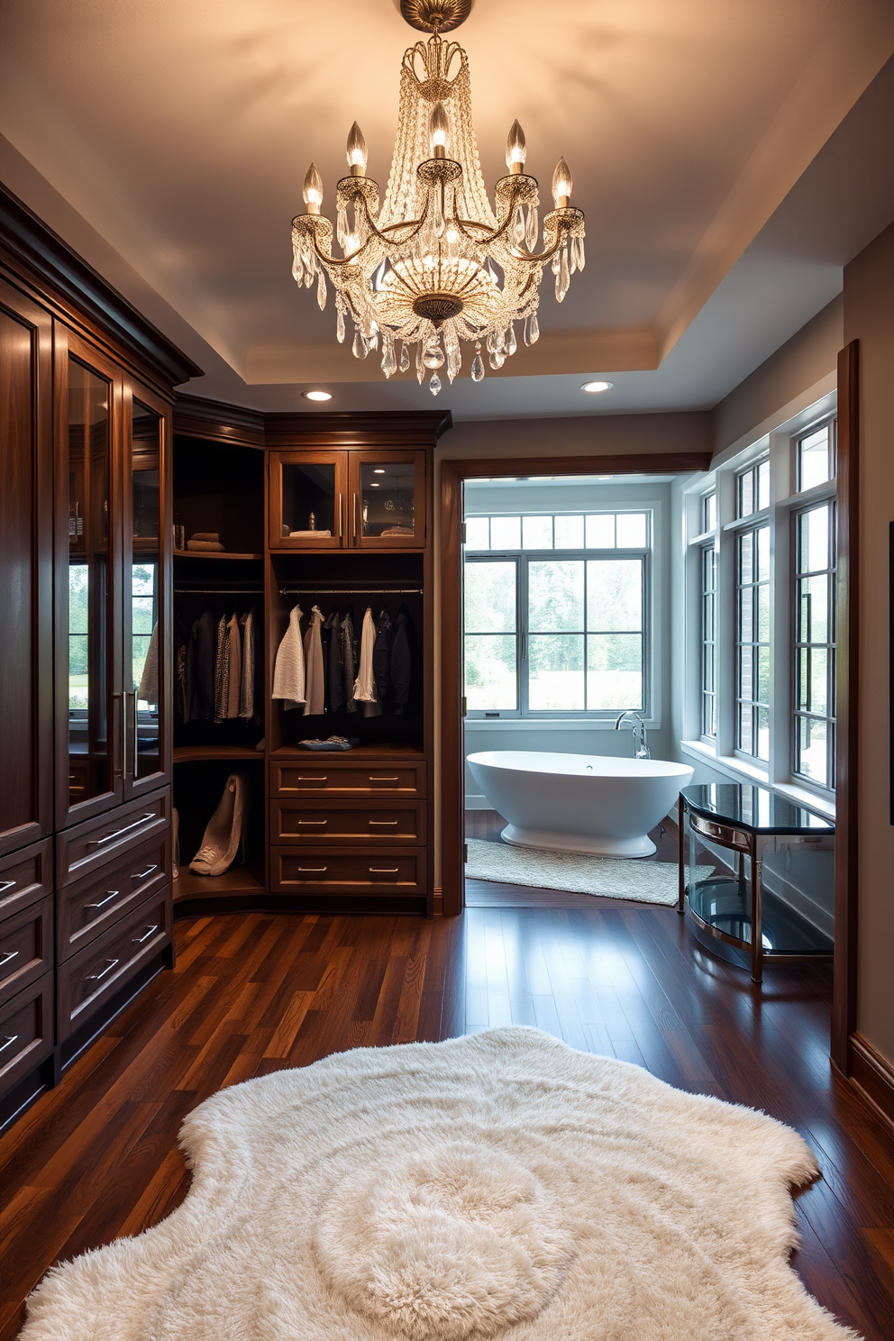 An elegant chandelier hangs gracefully from the ceiling, its crystals reflecting light and adding a touch of glamour to the space. Below, a plush area rug complements the rich hardwood flooring, creating a warm and inviting atmosphere. The walk-in closet features custom cabinetry with ample storage for clothing and accessories, elegantly lit by soft recessed lighting. Adjacent to the closet, the bathroom boasts a freestanding soaking tub, framed by large windows that flood the room with natural light.