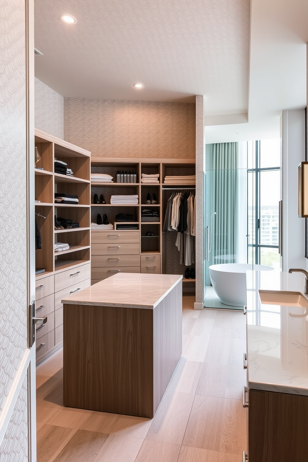 A luxurious walk-in closet featuring textured wallpaper that adds depth and character to the space. The closet is equipped with custom shelving and a central island, creating an organized and elegant storage solution. Adjacent to the walk-in closet is a beautifully designed bathroom with a freestanding soaking tub and a spacious glass shower. The bathroom showcases dual vanities with sleek fixtures and a large window that allows natural light to fill the room.