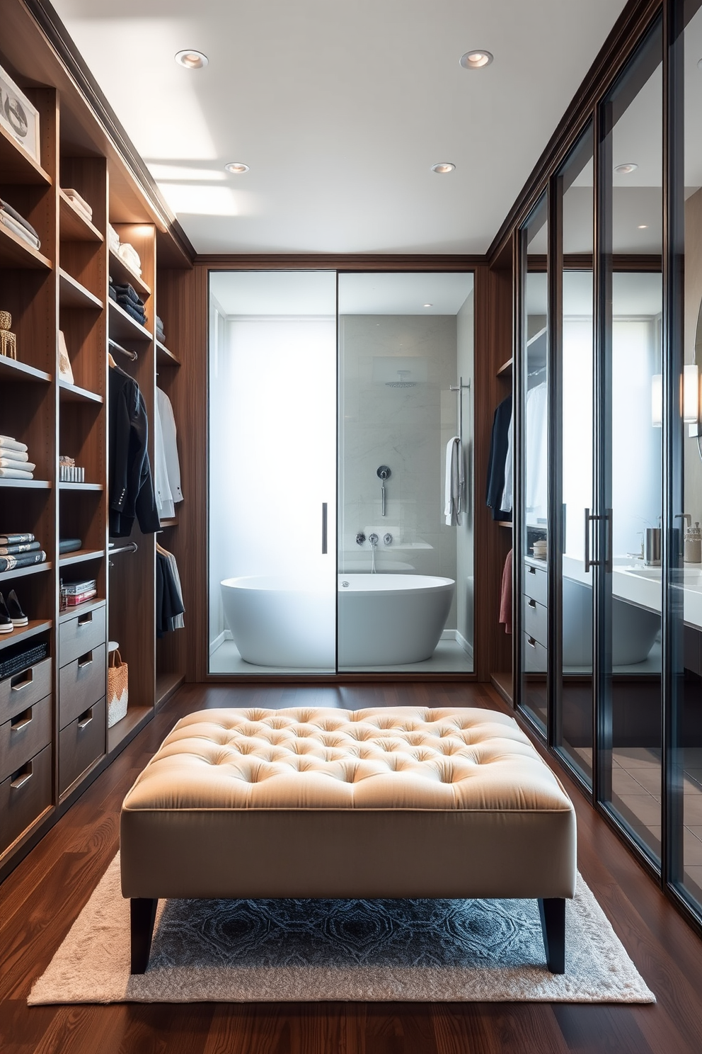 A stylish walk-in closet seamlessly integrates with a luxurious bathroom. The closet features custom shelving and hanging space, while the bathroom boasts a sleek glass shower and elegant fixtures. Natural light floods the space through frosted glass panels, enhancing the airy feel. A plush ottoman sits in the center, offering a perfect spot to relax while surrounded by organized elegance.