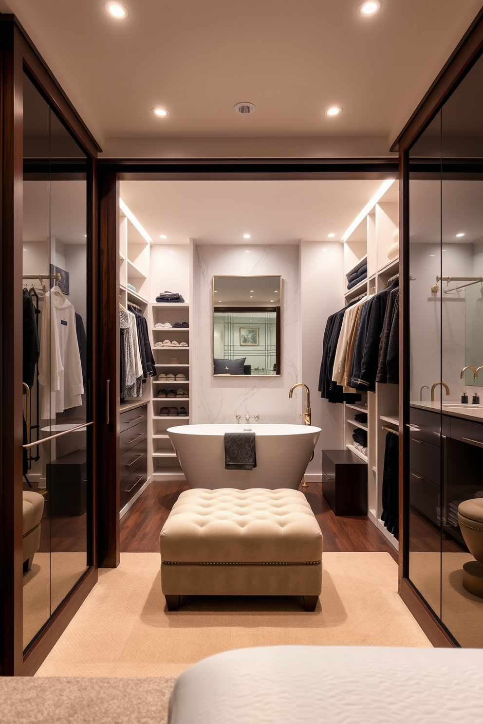 Elegant sliding doors create a seamless transition between the bedroom and the walk-in closet. The closet features custom shelving and hanging space, elegantly illuminated by recessed lighting. Inside the walk-in closet, a plush ottoman is placed in the center for comfort and convenience. The adjoining bathroom showcases a freestanding soaking tub, surrounded by marble tiles and accented with gold fixtures.