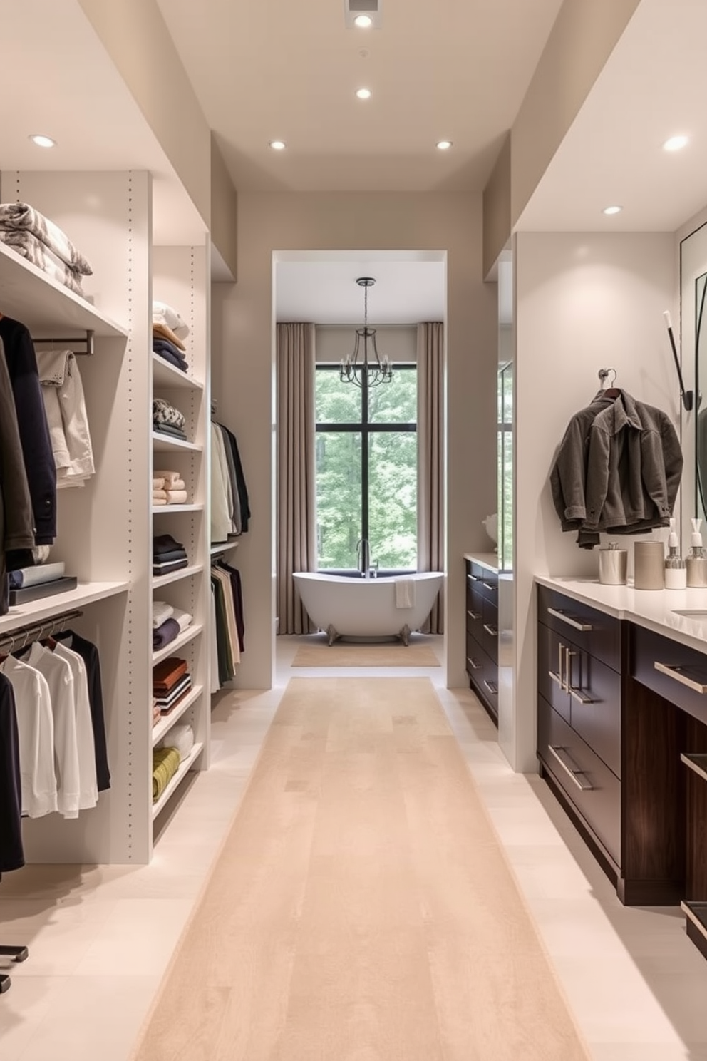 A spacious walk-in closet seamlessly connects to the bathroom, featuring organized shelving and hanging space for clothing and accessories. The layout promotes easy navigation with a central pathway leading to a luxurious bathroom area. The bathroom showcases a contemporary design with a freestanding soaking tub positioned beneath a large window. Elegant fixtures and a double vanity with ample storage complement the overall aesthetic, creating a cohesive and functional space.