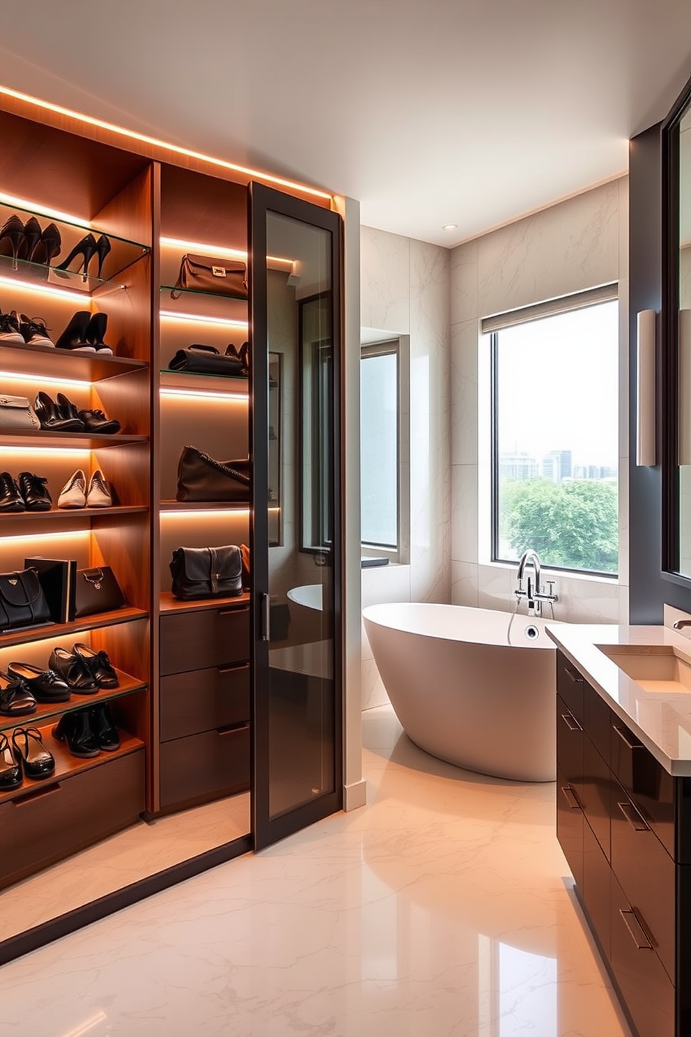 A modern walk-in closet features built-in shelving that showcases an array of designer shoes and handbags. Stylish lighting illuminates the space, creating a warm and inviting atmosphere while highlighting the elegant finishes. Adjacent to the closet, a luxurious bathroom design includes a freestanding soaking tub placed under a large window. The space is adorned with marble tiles and a sleek double vanity, complemented by contemporary fixtures and ample natural light.