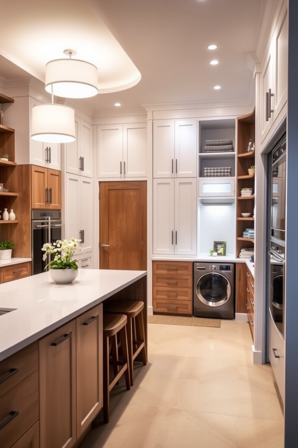 A spacious kitchen layout featuring a large central island with ample storage space. The island is surrounded by high-backed stools, and the cabinetry is a mix of white and natural wood tones. A luxurious walk-in closet designed with custom shelving and a central island for accessories. Soft lighting illuminates the space, while a stylish laundry area with stacked appliances is seamlessly integrated into the design.