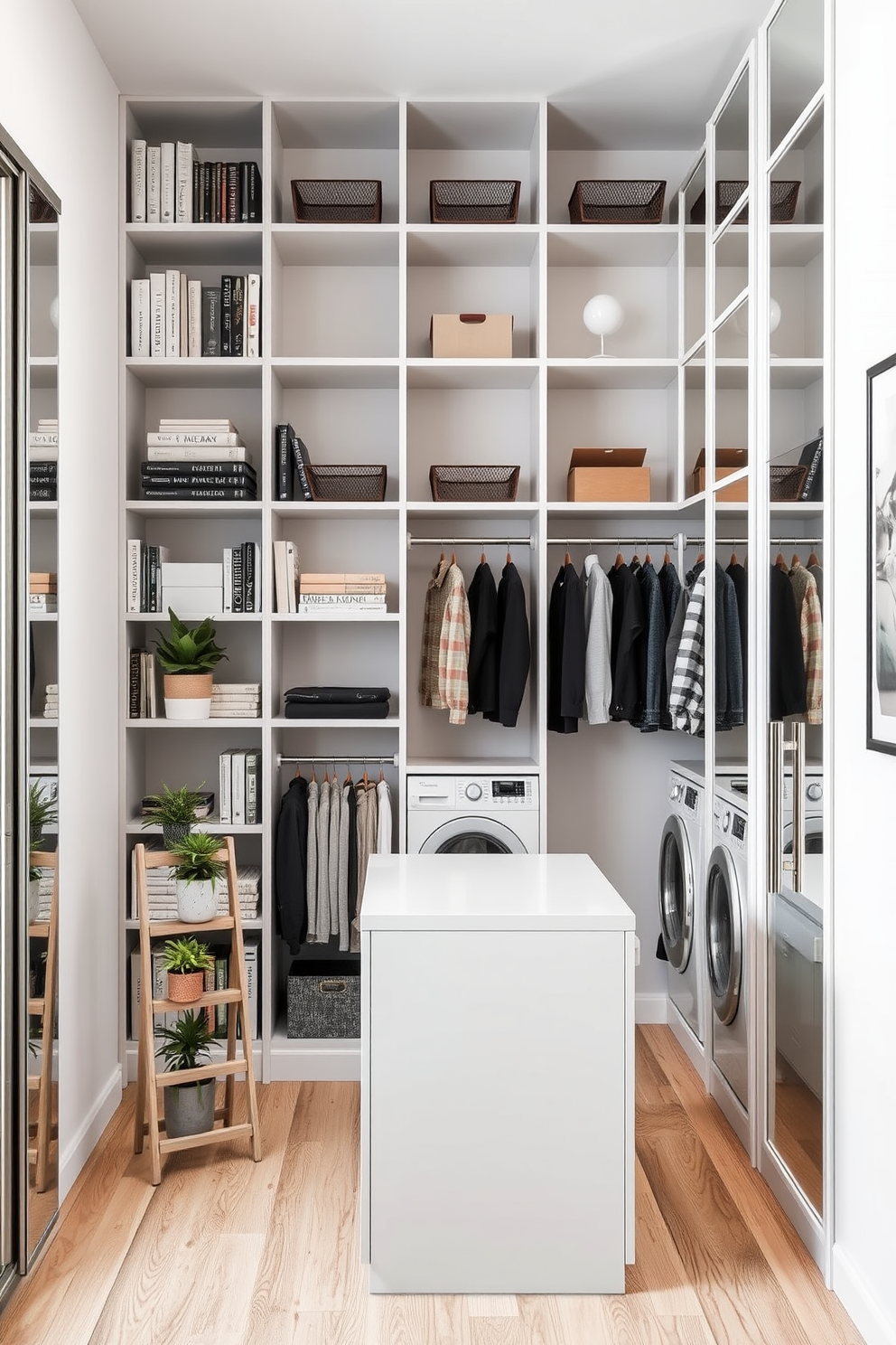 Vertical storage solutions for small spaces. Imagine a sleek, modern shelving unit that reaches from floor to ceiling, adorned with neatly organized books and decorative boxes. In the corner, a compact ladder shelf holds potted plants, adding a touch of greenery. The walls are painted in a soft white, enhancing the light and airy feel of the room. Walk-In-Closet with Laundry Design Ideas. Visualize a spacious walk-in closet featuring custom cabinetry that incorporates a hidden laundry area. A stylish island in the center provides additional storage and a folding space, while the walls are lined with elegant mirrors that create a sense of depth.