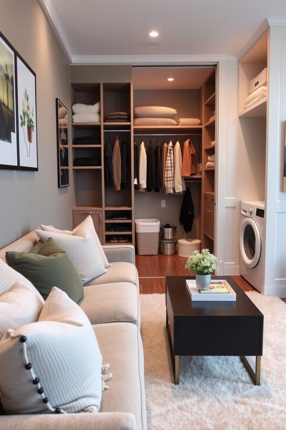 A cozy seating area featuring plush cushions in various textures and colors. The space is accented with a stylish coffee table and a soft area rug that ties the room together. A spacious walk-in closet designed with ample storage solutions and a dedicated laundry area. The closet includes built-in shelving, hanging rods, and a convenient folding station for laundry tasks.