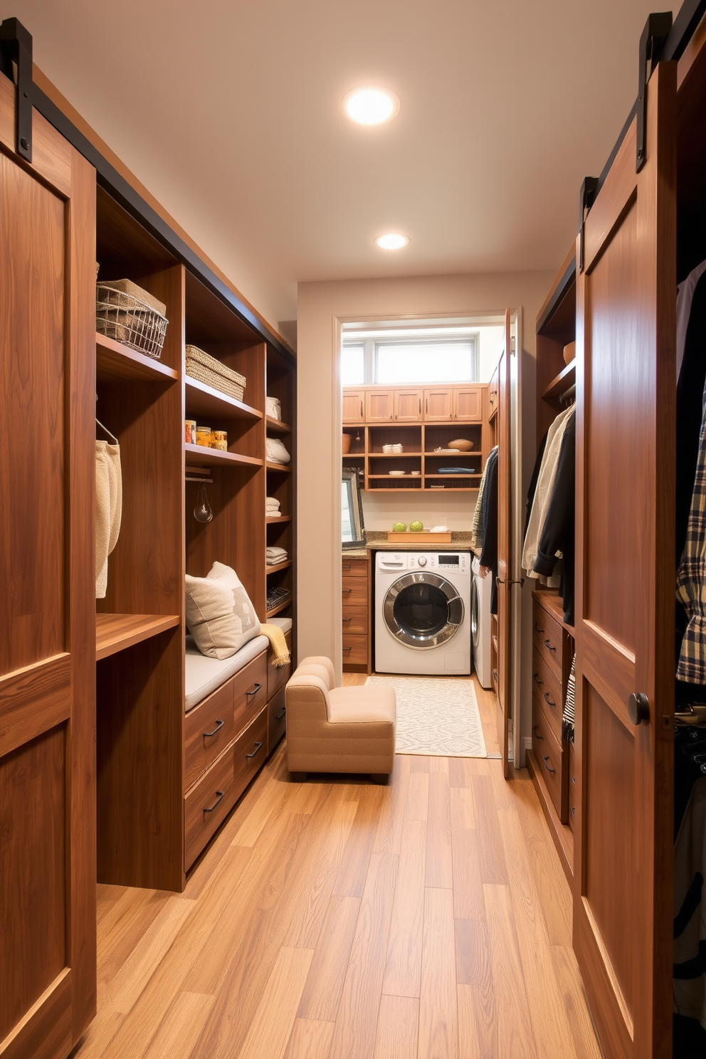 A charming walk-in closet features sliding barn doors that enhance its rustic appeal. Inside, a combination of open shelving and built-in drawers provides ample storage, while a cozy seating area invites relaxation. The laundry area is seamlessly integrated into the walk-in closet, maximizing functionality. Stylish cabinetry and a countertop for folding clothes ensure that this space is both practical and aesthetically pleasing.