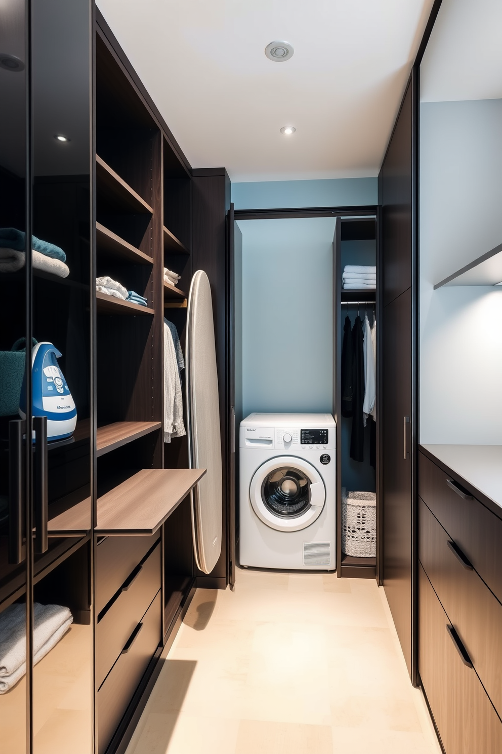 A sleek walk-in closet features an integrated ironing board seamlessly hidden within the cabinetry. The design incorporates ample shelving and hanging space, with soft lighting that enhances the organization and accessibility of clothing and accessories. Adjacent to the closet, a stylish laundry area is designed for efficiency and convenience. It includes a compact washer and dryer, along with built-in storage for laundry essentials, all finished in a cohesive color palette that complements the overall aesthetic.