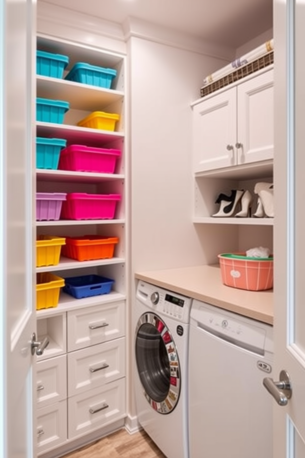 A spacious walk-in closet features color-coded storage bins neatly arranged on open shelving for easy sorting and organization. The bins are in vibrant hues, adding a playful touch to the elegant design while maximizing functionality. Adjacent to the storage area, a dedicated laundry section includes a stylish washer and dryer set, seamlessly integrated into the cabinetry. A countertop above the appliances provides ample space for folding clothes, complemented by a chic laundry basket in a coordinating color.