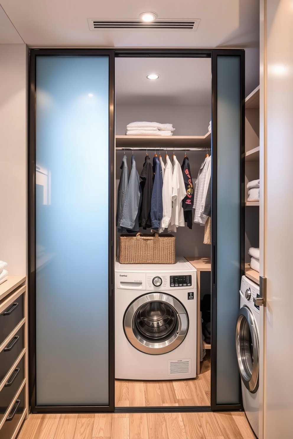 A spacious walk-in closet featuring frosted glass panels that allow natural light to filter in softly. The closet is designed with built-in shelving and hanging space, seamlessly integrating a laundry area with modern appliances and stylish storage solutions.