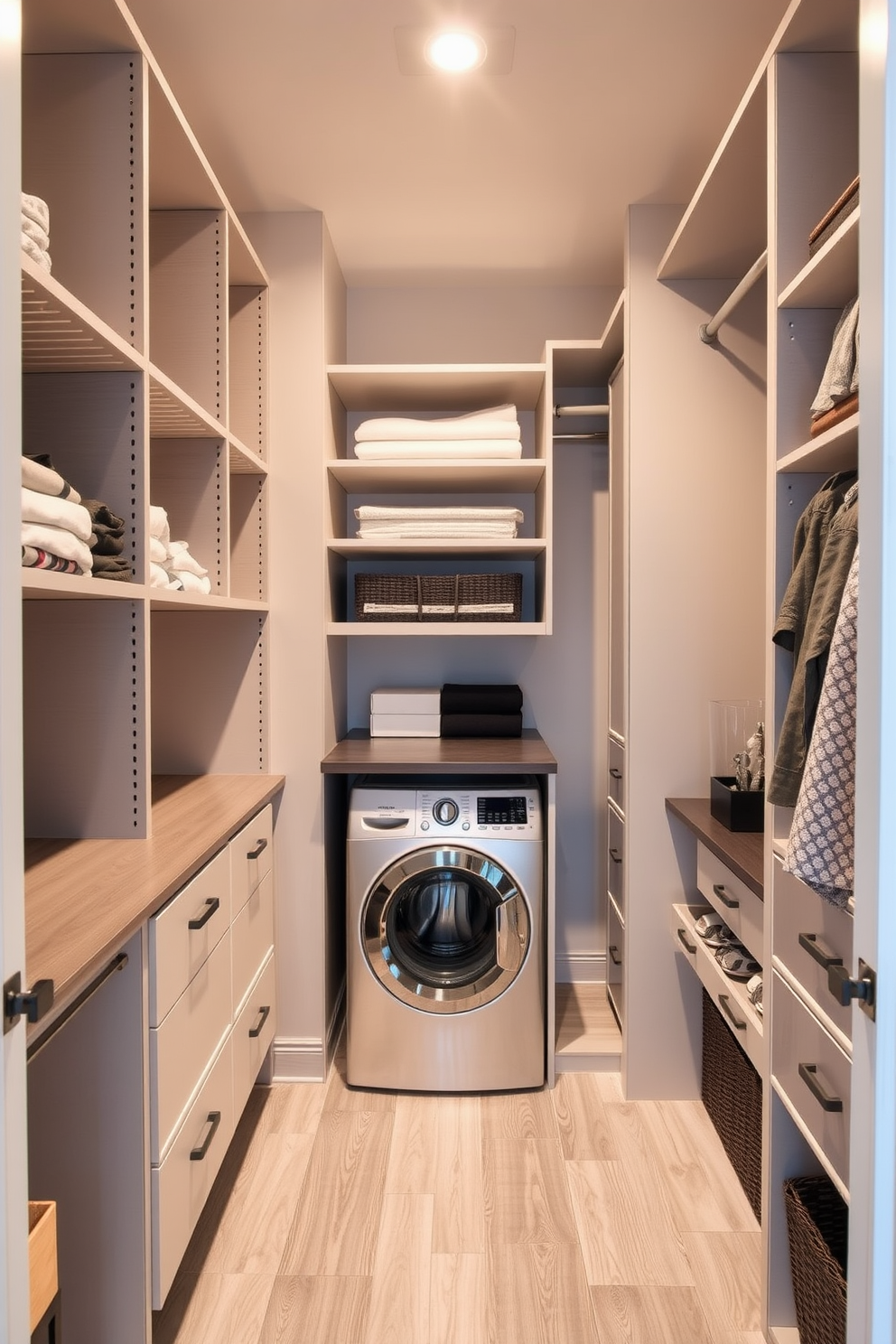 A walk-in closet designed for optimal organization features adjustable shelving that allows for flexible storage solutions. The space includes a dedicated laundry area with a sleek washer and dryer tucked away, complemented by a stylish folding station.