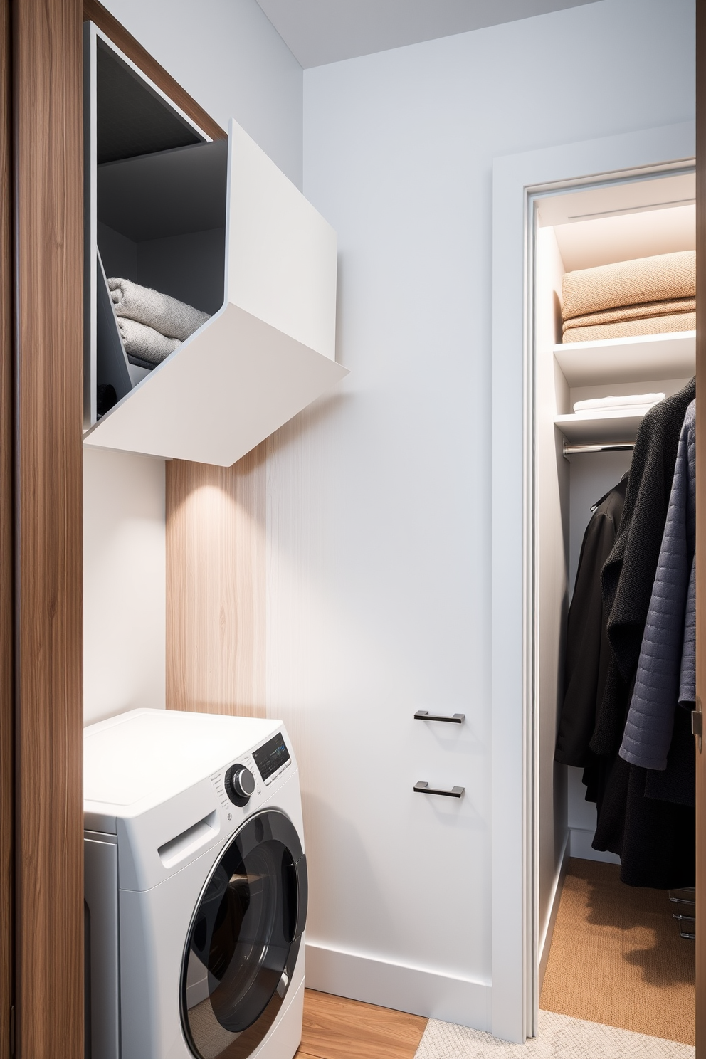 A functional laundry chute seamlessly integrated into the wall provides easy access from the upper floors to the laundry area below. The chute features a sleek design with a discreet opening, ensuring a clean aesthetic while enhancing convenience. The walk-in closet is designed with ample storage, featuring custom shelving and built-in drawers for organization. A dedicated laundry area within the closet includes a stylish hamper and a small folding station, making laundry tasks effortless.