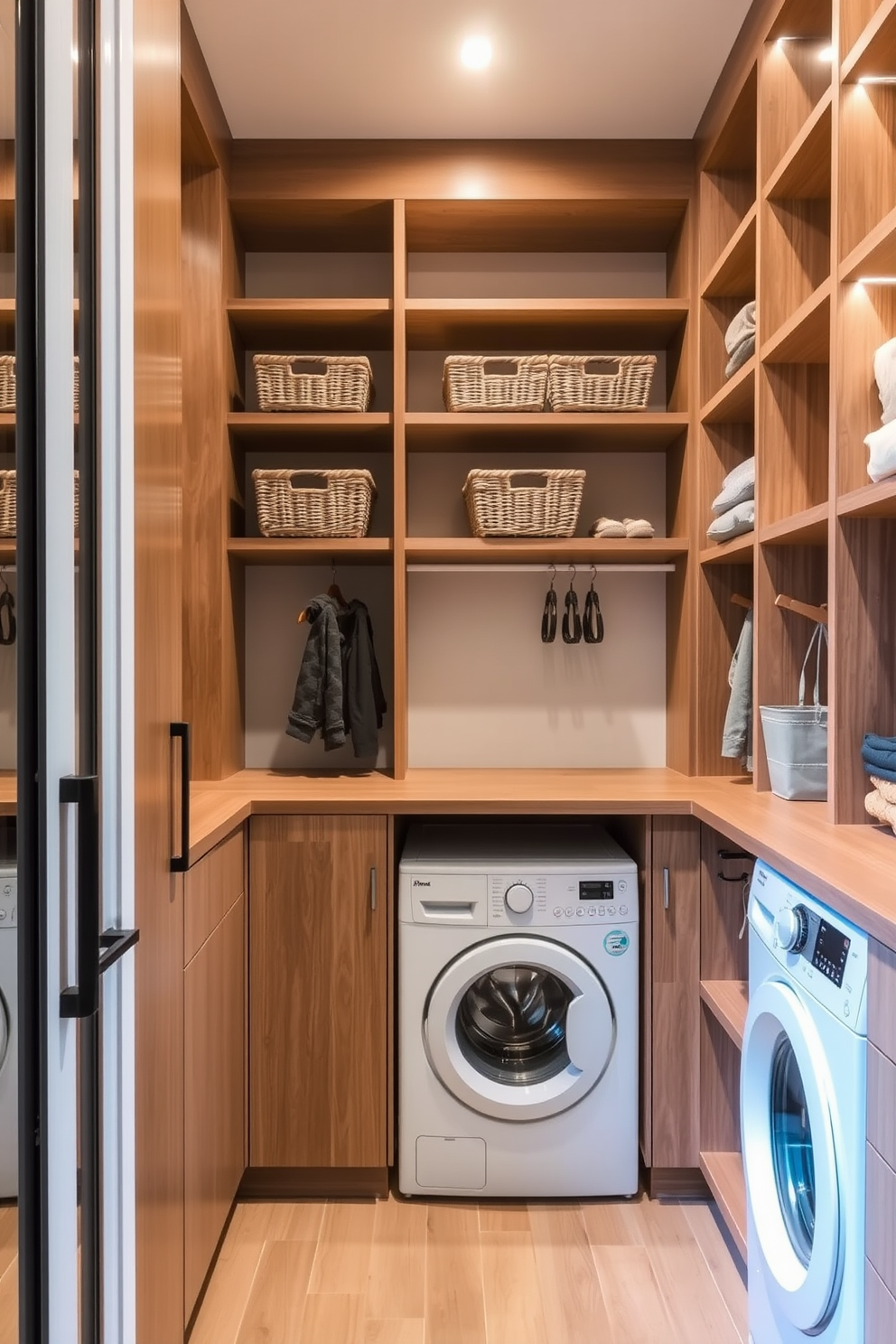 A spacious walk-in closet features wall-mounted baskets for quick access to everyday essentials. The design incorporates a sleek laundry area with a hidden washing machine and dryer, seamlessly integrated into the cabinetry. The closet is illuminated by soft recessed lighting, enhancing the warm wood tones of the shelving. Stylish hooks and organizers are placed strategically to maintain an orderly and functional space.