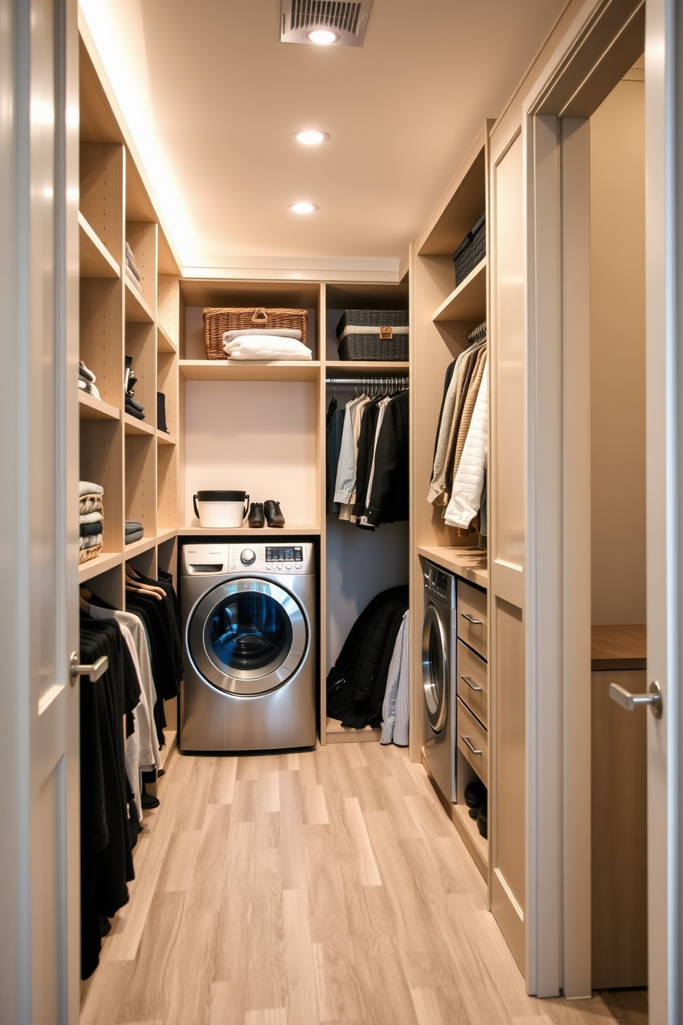 A spacious walk-in closet features dual access from both the bedroom and the hallway. The design incorporates built-in shelving and hanging space, creating an organized and functional area for clothing and accessories. Adjacent to the closet, a dedicated laundry section includes a sleek washer and dryer set. This area is designed with cabinetry for storage and a countertop for folding clothes, ensuring convenience and efficiency in everyday tasks.