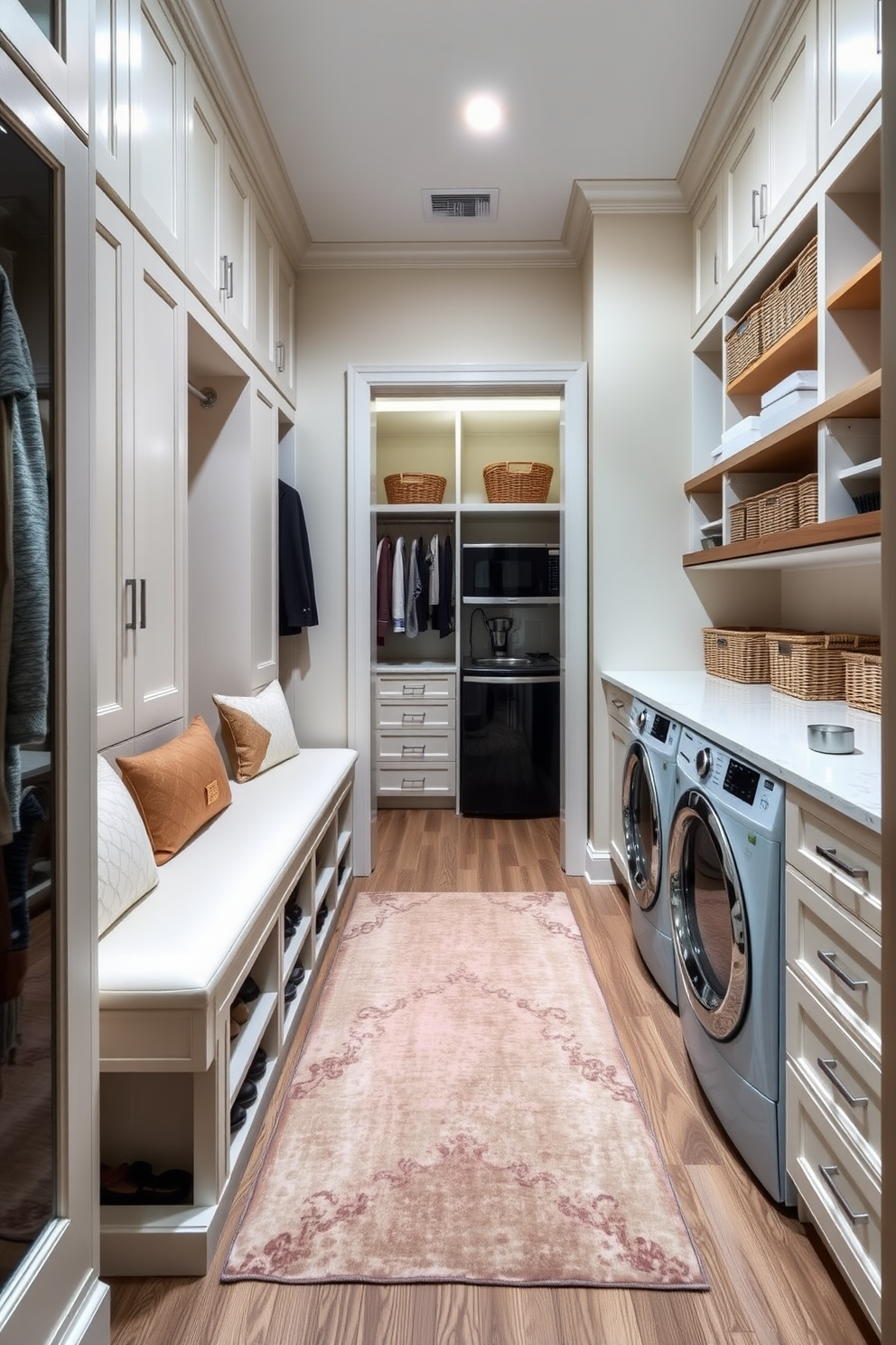 A spacious walk-in closet features elegant bench seating with built-in shoe storage underneath. The walls are lined with custom cabinetry, and a soft rug adds warmth to the space. Adjacent to the closet, a dedicated laundry area showcases sleek appliances and ample countertop space for folding clothes. The design incorporates organized shelving and stylish baskets for a clutter-free environment.