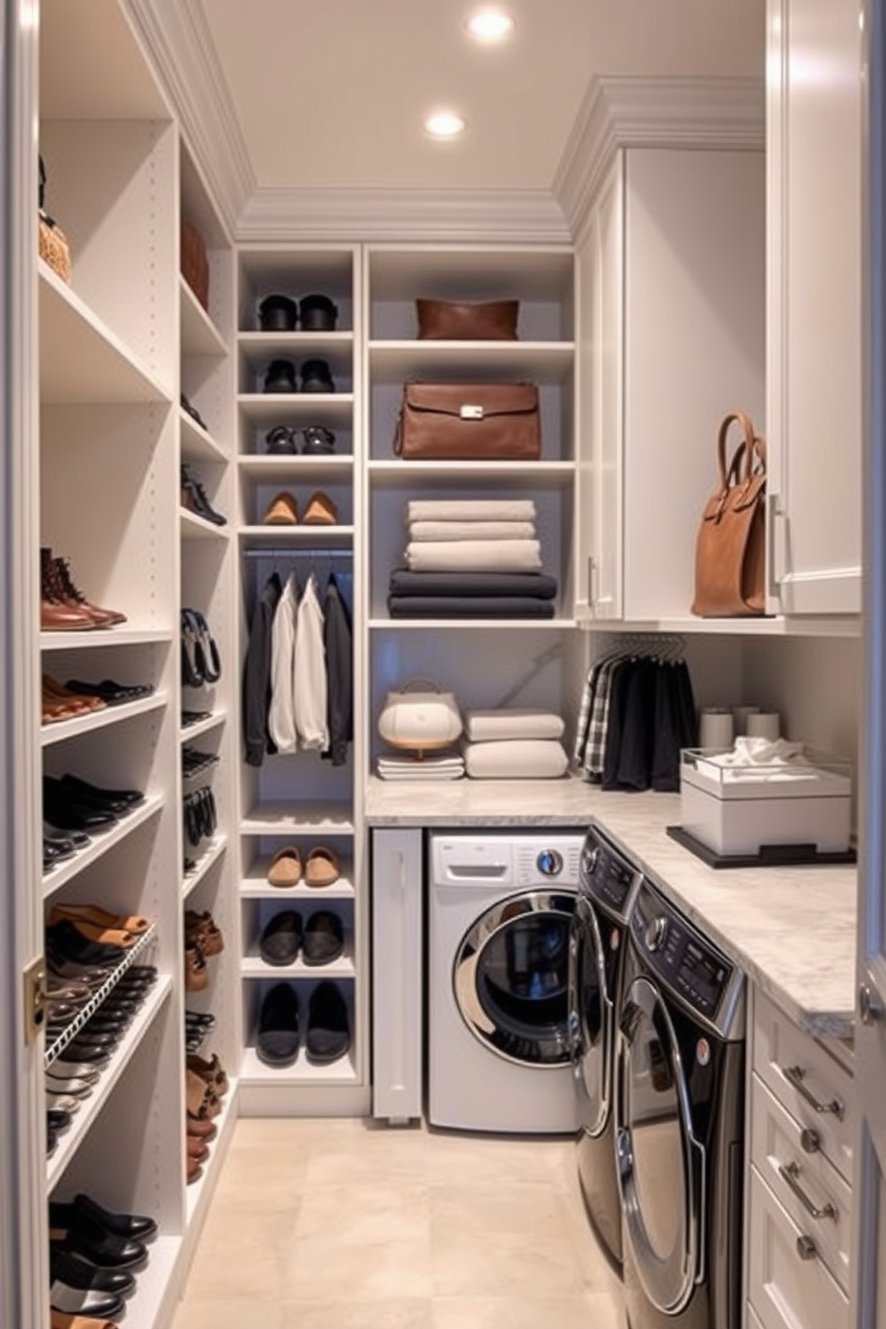 A luxurious walk-in closet designed for functionality and style. The space features custom shelving for shoes and bags, with hooks elegantly arranged for easy access to accessories. Adjacent to the closet, a designated laundry area is seamlessly integrated. It includes a stylish washer and dryer setup with ample counter space for folding clothes and organizing laundry essentials.