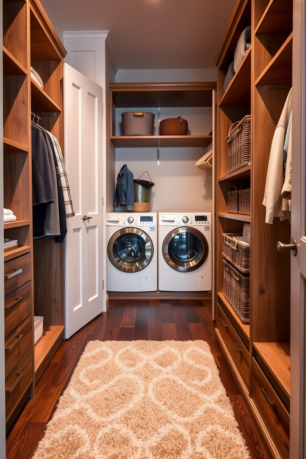 A stylish rug in a cozy walk-in closet adds warmth and texture to the space. The rug features a soft, plush design that complements the surrounding decor while providing comfort underfoot. The walk-in closet is designed with ample storage solutions, including built-in shelving and hanging space. A dedicated laundry area is incorporated, featuring a sleek washer and dryer, with stylish baskets for organization.