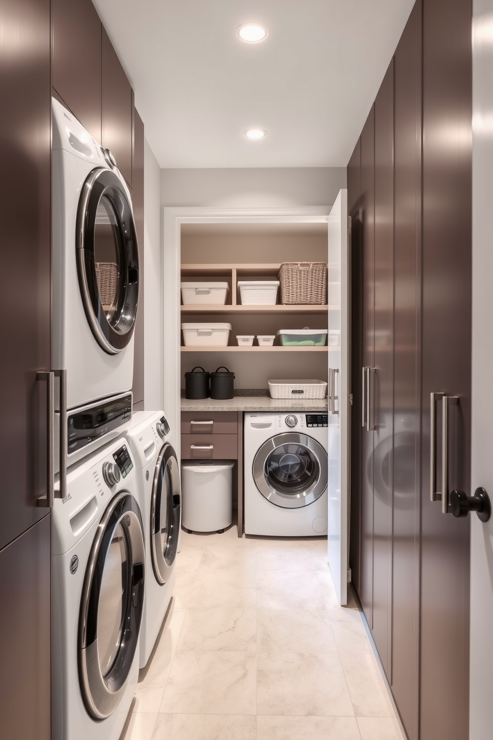 A stylish laundry room featuring appliances neatly tucked behind sleek cabinet doors. The space includes a walk-in closet with organized shelves and a dedicated area for laundry tasks, blending functionality with elegance.