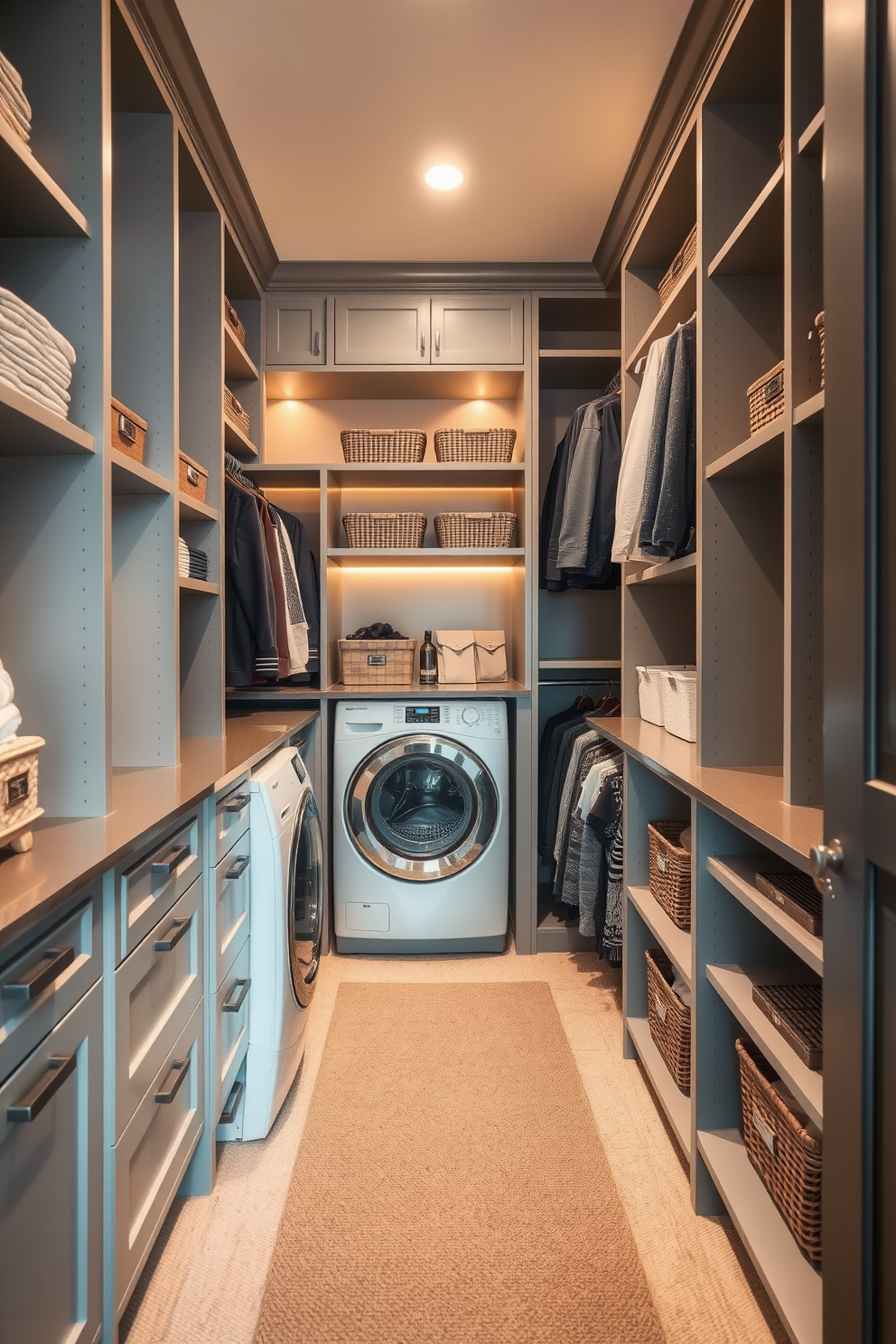 A walk-in closet designed for functionality and style. The space features custom shelving and hanging areas, with a soft gray color palette and warm lighting to create an inviting atmosphere. Incorporating laundry design ideas, a dedicated area includes a sleek washer and dryer paired with a folding station. Accessories like baskets and hooks are strategically placed for organization, enhancing the overall aesthetic of the closet.