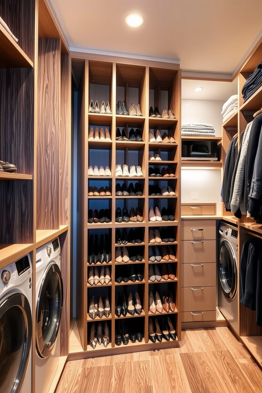 A walk-in closet featuring vertical dividers for organized shoe storage. The dividers are made of sleek wood, allowing for easy visibility and access to each pair of shoes. The closet is spacious with built-in shelving and a dedicated laundry area. Soft lighting illuminates the space, creating a warm and inviting atmosphere.