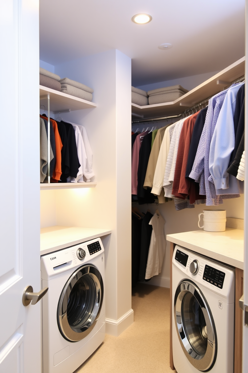 A spacious walk-in closet designed for seasonal clothing rotation features custom shelving and hanging rods to maximize storage efficiency. Soft, ambient lighting illuminates the area, creating a welcoming atmosphere for organizing and selecting outfits. Adjacent to the closet, a dedicated laundry area includes a sleek washer and dryer with built-in cabinetry for detergent and supplies. A folding station with a countertop provides a convenient space for sorting and organizing clean clothes.