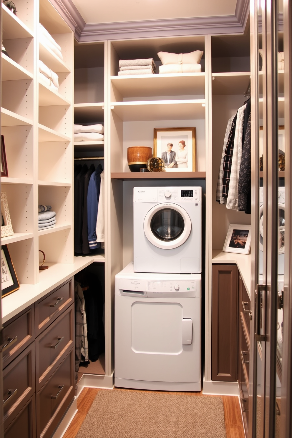 A walk-in closet featuring custom shelving and hanging space designed for maximum organization. The space includes a stylish laundry area with a stacked washer and dryer, surrounded by elegant cabinetry for storage. Artwork and photos are displayed on the walls to add a personal touch to the closet. Soft lighting highlights the curated pieces, creating an inviting atmosphere that reflects the owner's personality.