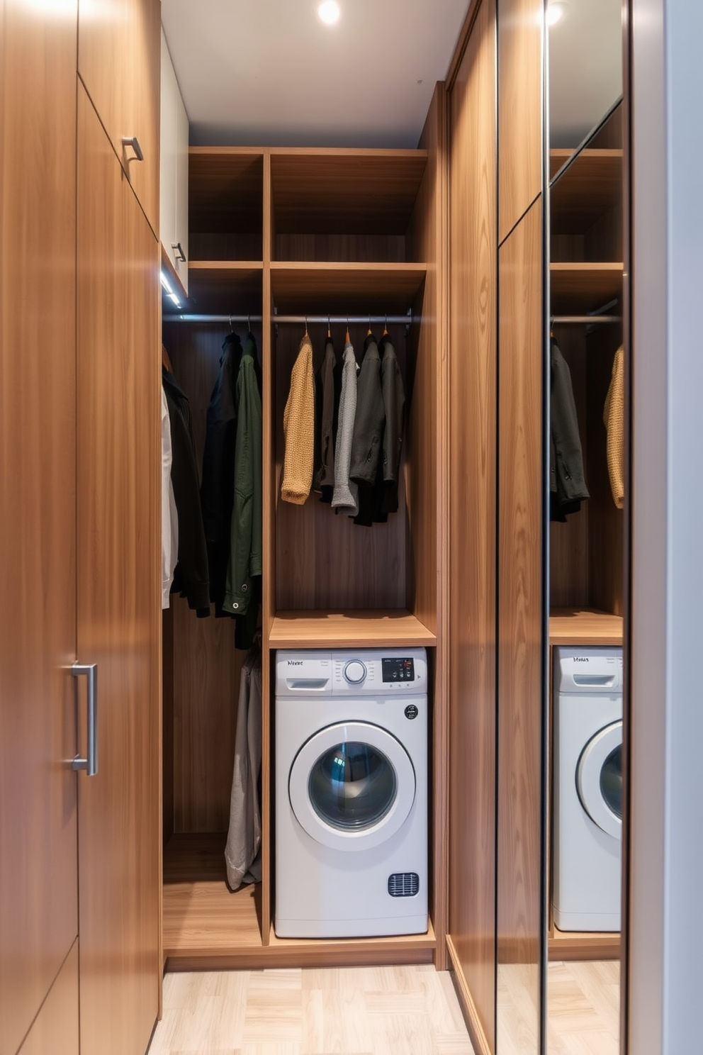 A compact walk-in closet featuring efficient storage solutions and stylish aesthetics. The design includes built-in shelving, hanging rods, and a small laundry area with a stacked washer and dryer. The closet is illuminated with soft LED lighting, enhancing the warm wood finishes. A full-length mirror is integrated into the space, providing functionality and a sense of openness.