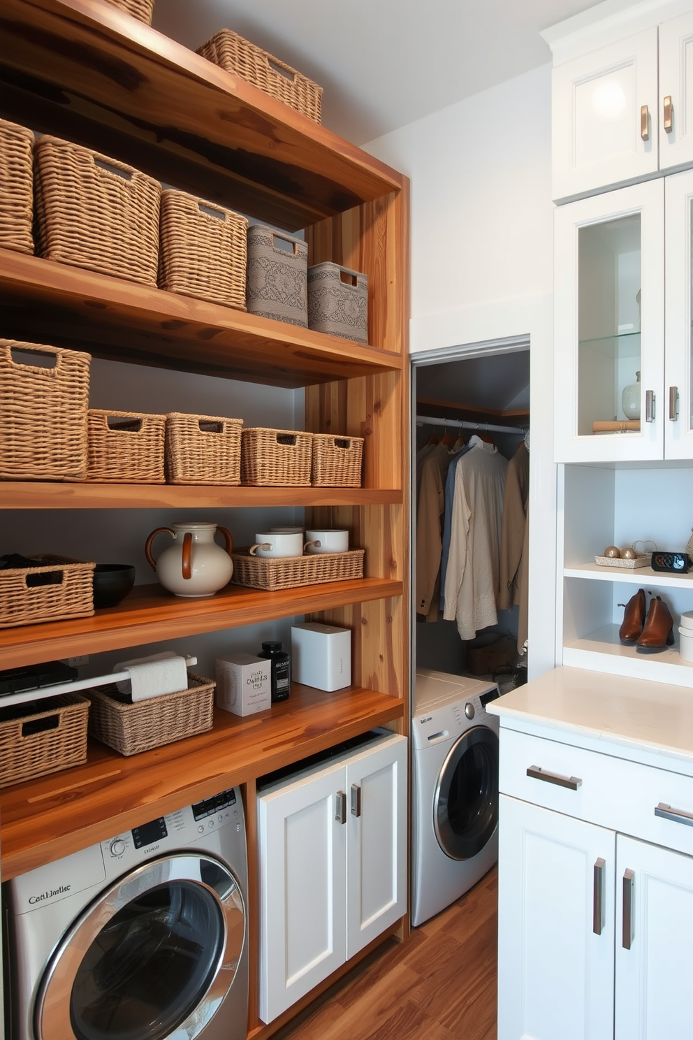 Open shelving for easy access. The shelves are made of reclaimed wood and are filled with neatly organized baskets and decorative boxes, creating a warm and inviting atmosphere. The walk-in closet features a combination of hanging rods and shelves for versatile storage. A designated laundry area is included, with a stylish folding table and a sleek washer and dryer tucked away behind elegant cabinetry.