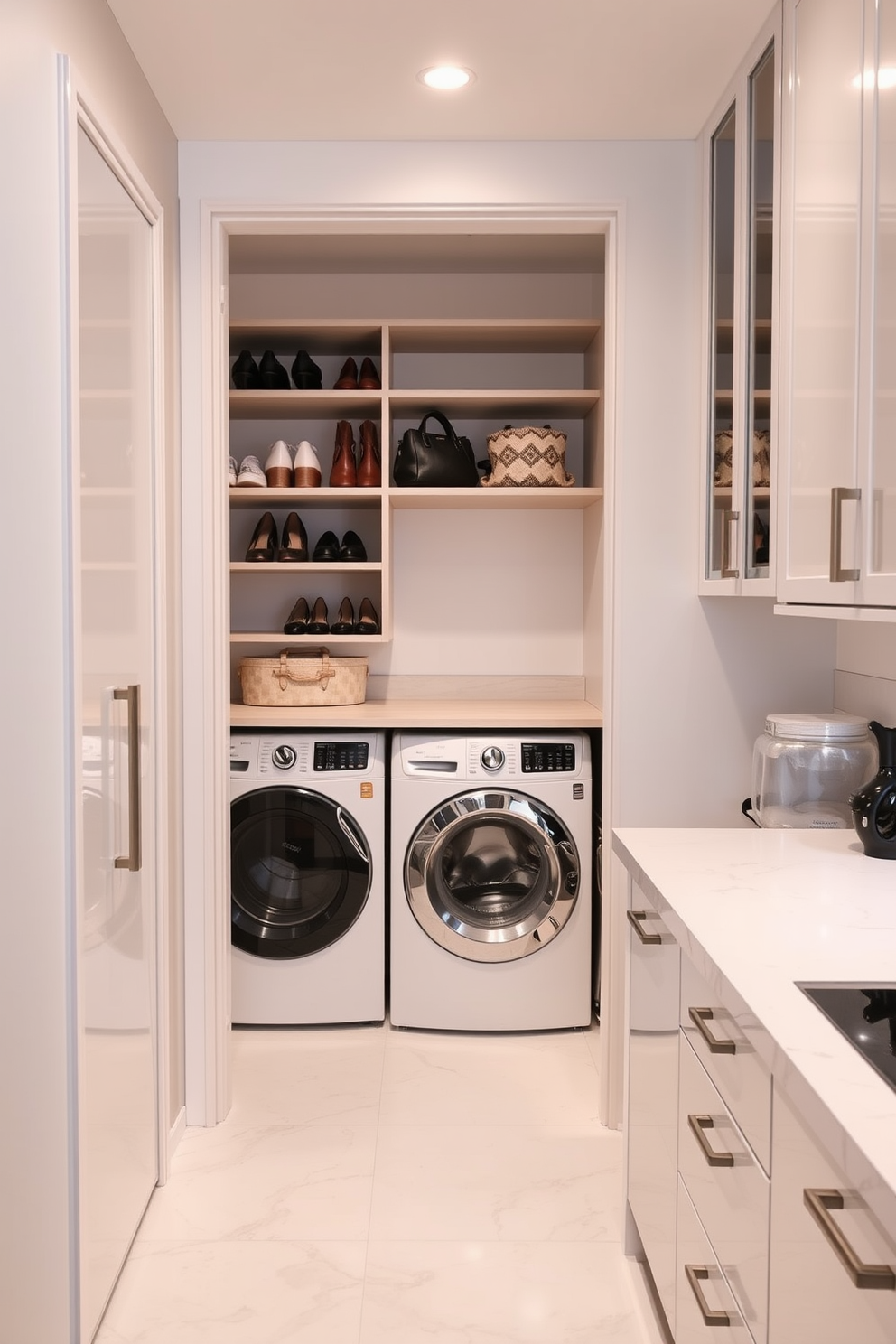 Easy to clean surfaces for practicality. The kitchen features sleek quartz countertops and a backsplash of large white subway tiles that are easy to wipe down. Walk-in closet with laundry design ideas. The closet includes built-in shelves for shoes and bags, with a dedicated laundry area featuring a stacked washer and dryer tucked neatly into a corner.