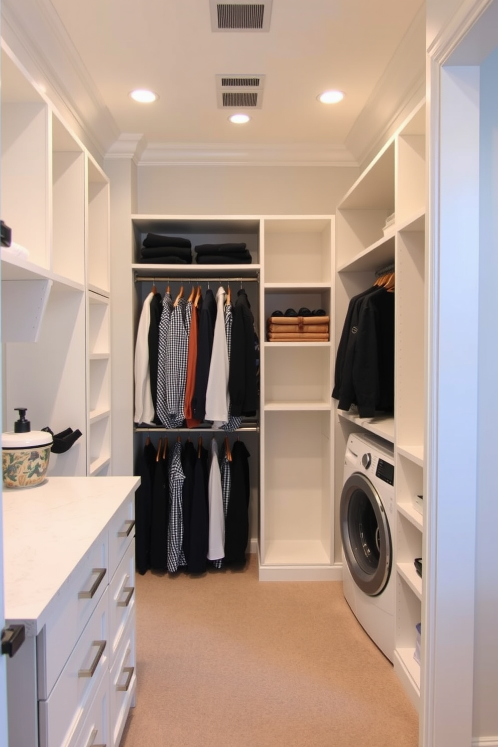 A spacious walk-in closet featuring a dedicated folding station with ample countertop space. The closet is designed with built-in shelving, hanging rods, and a separate area for laundry, creating an organized and functional space.