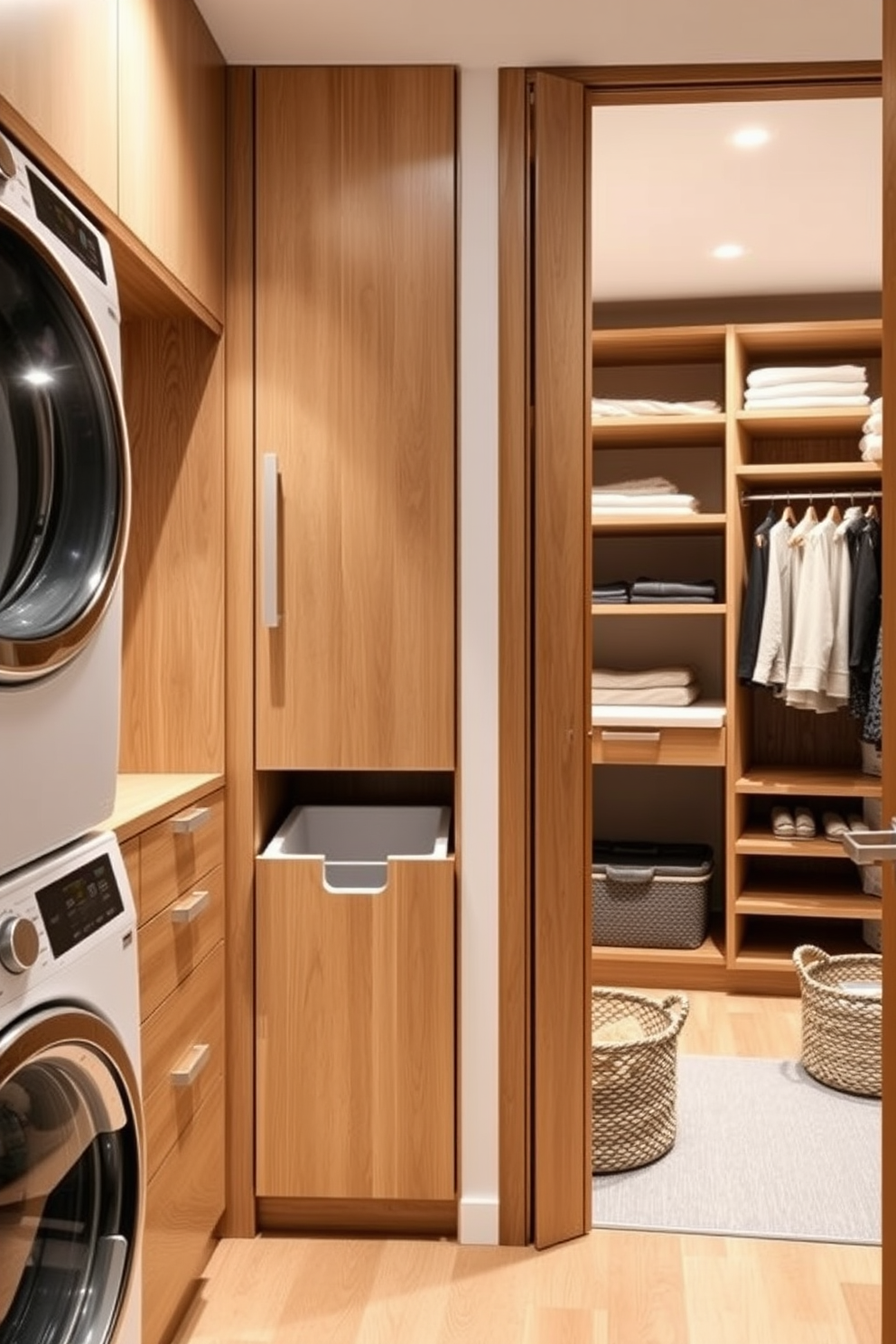 A stylish laundry area featuring built-in hampers seamlessly integrated into the cabinetry for efficient laundry organization. The hampers are crafted from natural wood with a soft-close mechanism, ensuring a clean and modern aesthetic. Adjacent to the built-in hampers is a spacious walk-in closet designed with ample shelving and hanging space for clothing. The closet includes a dedicated laundry section with a countertop for folding clothes and a stylish basket for sorting items.