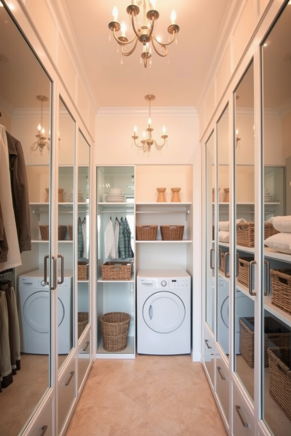 A walk-in closet featuring mirrored doors that reflect light and create an illusion of space. The design includes ample shelving and hanging space, seamlessly integrating a laundry area with a hidden washer and dryer. The walls are painted in a soft, neutral tone to enhance the brightness of the room. Elegant lighting fixtures provide a warm glow, while decorative baskets and organizers keep laundry essentials tidy and accessible.