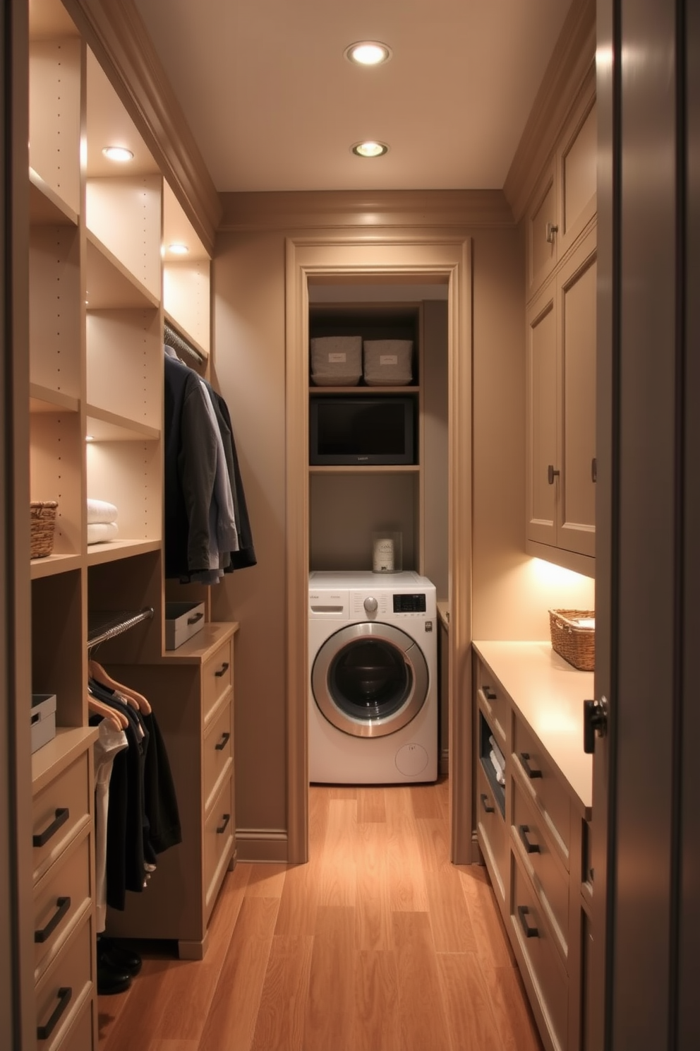 A cozy walk-in closet features built-in shelves with soft lighting underneath, creating a warm ambiance. The space is designed with a mix of hanging rods and drawers, providing ample storage for clothing and accessories. Adjacent to the closet, a laundry area incorporates a sleek washer and dryer, seamlessly integrated into the cabinetry. The design includes a folding station and stylish baskets for organization, enhancing both functionality and aesthetics.