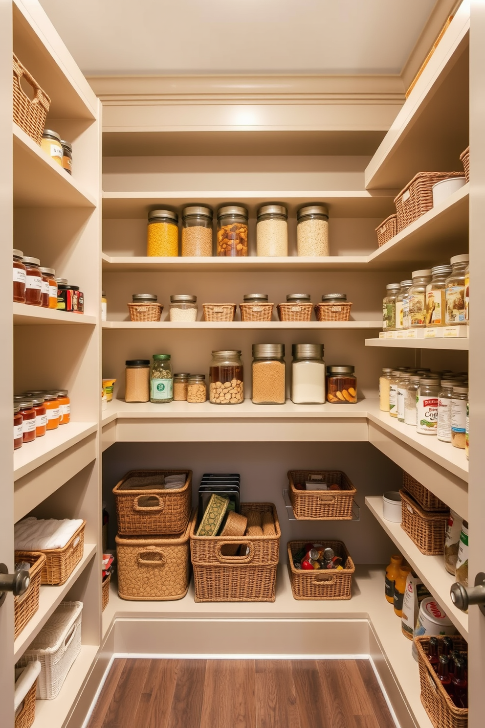 A spacious walk-in pantry features open shelving for easy access storage. The shelves are neatly organized with labeled jars and baskets, showcasing a variety of dry goods and kitchen essentials.