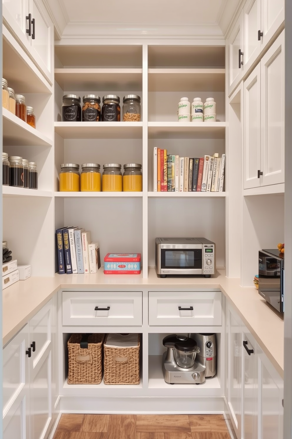 A stylish walk-in pantry featuring a combination of open shelves and closed cabinetry. The open shelves display neatly arranged jars and cookbooks, while the closed cabinets provide concealed storage for bulk items and kitchen appliances.