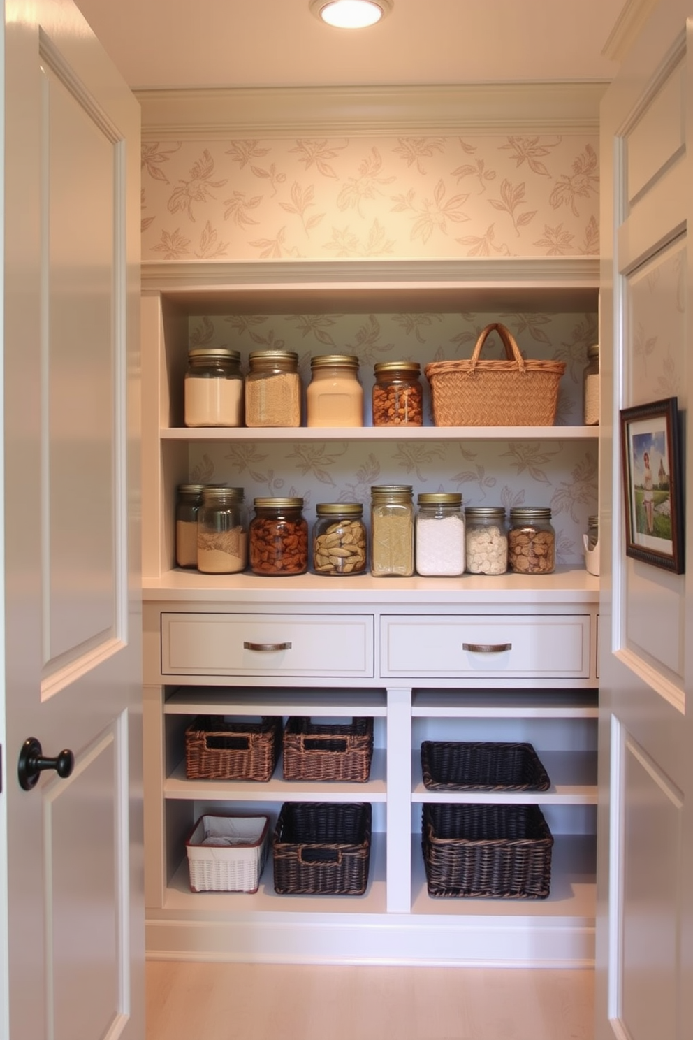 A charming walk-in pantry adorned with decorative wallpaper featuring a subtle floral pattern. The shelves are stocked with neatly organized jars and baskets, enhancing both functionality and aesthetic appeal.