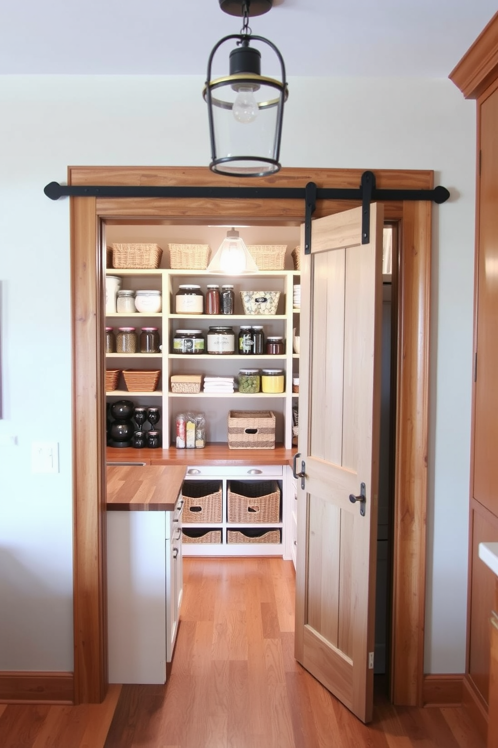 A sliding barn door adds rustic charm to the entrance of a walk-in pantry. Inside, open shelving displays neatly organized jars and baskets, creating a warm and inviting atmosphere. The pantry features a wooden countertop for meal prep, complemented by a vintage-style light fixture overhead. Warm wood tones and soft lighting enhance the cozy feel of this functional space.